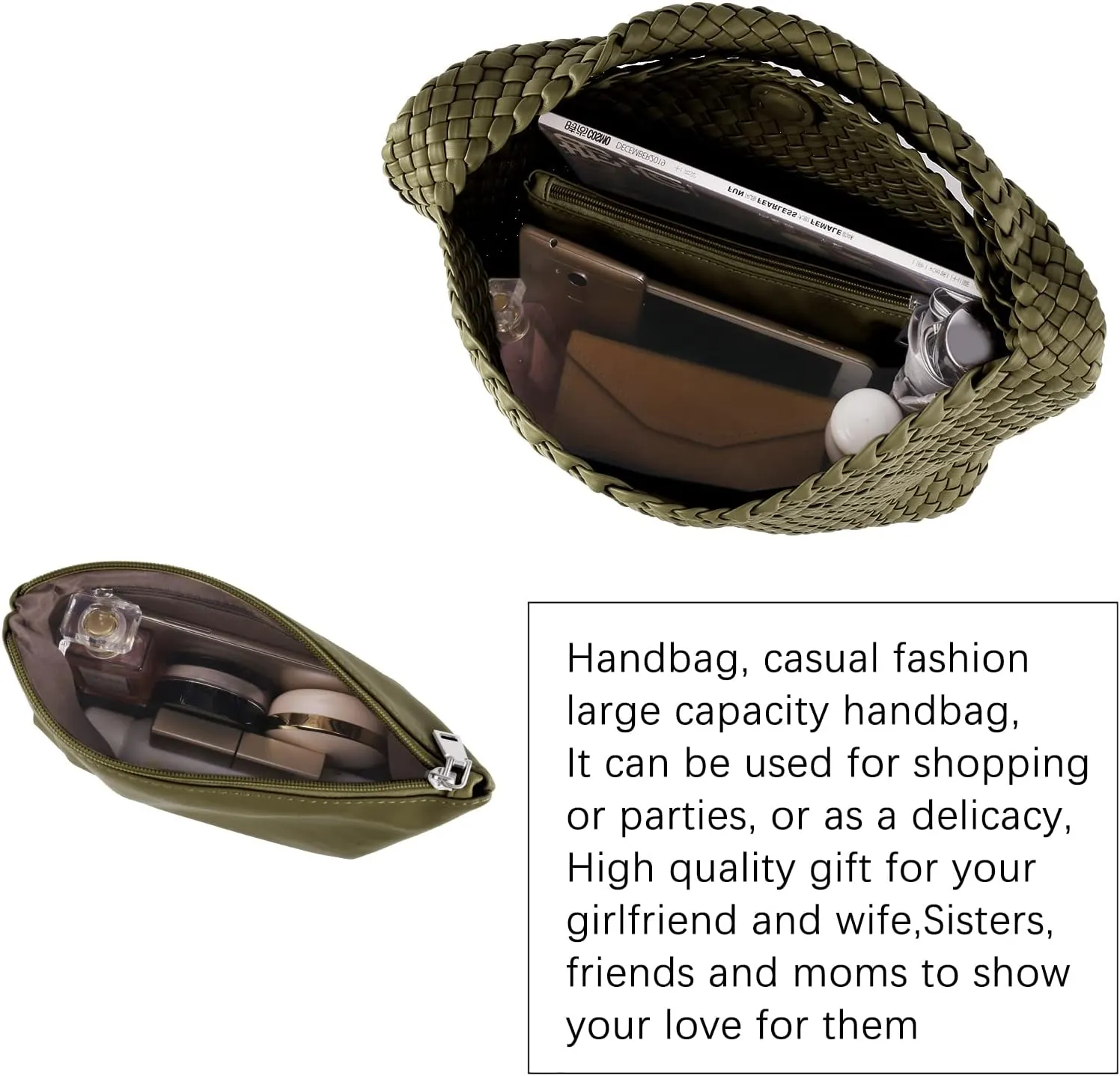 LMKIDS Women Vegan Leather Hand-Woven Tote Handbag Fashion Shoulder Top-handle Bag All-Match Underarm Bag with Purse
