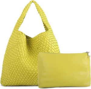 LMKIDS Women Vegan Leather Hand-Woven Tote Handbag Fashion Shoulder Top-handle Bag All-Match Underarm Bag with Purse