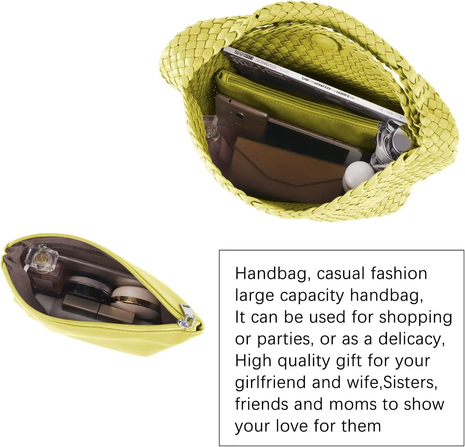 LMKIDS Women Vegan Leather Hand-Woven Tote Handbag Fashion Shoulder Top-handle Bag All-Match Underarm Bag with Purse