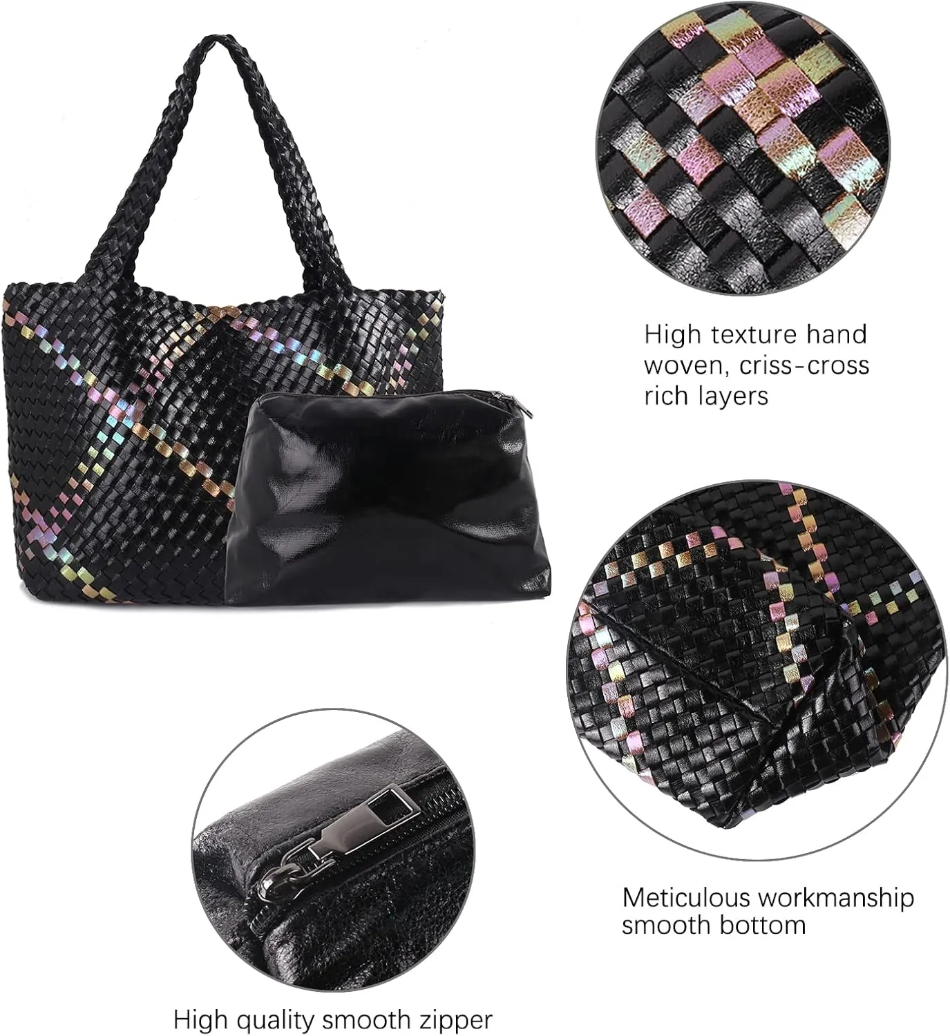 LMKIDS Woven Bag for Women, Vegan Leather Tote Bag Large Summer Beach Travel Handbag and Purse Retro Handmade Shoulder Bag