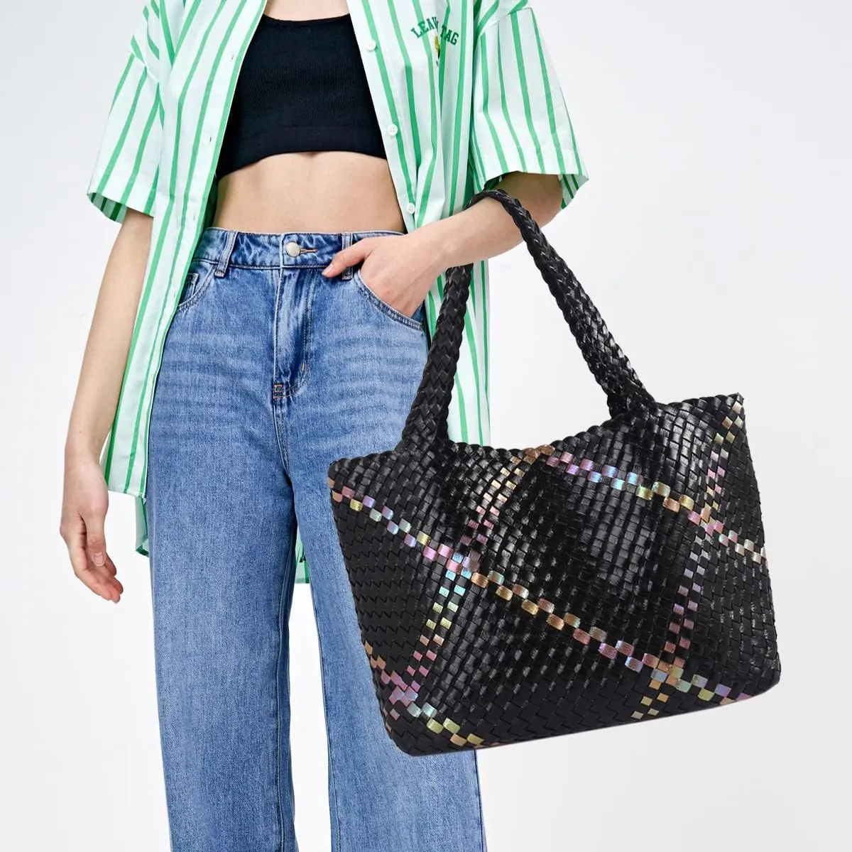 LMKIDS Woven Bag for Women, Vegan Leather Tote Bag Large Summer Beach Travel Handbag and Purse Retro Handmade Shoulder Bag
