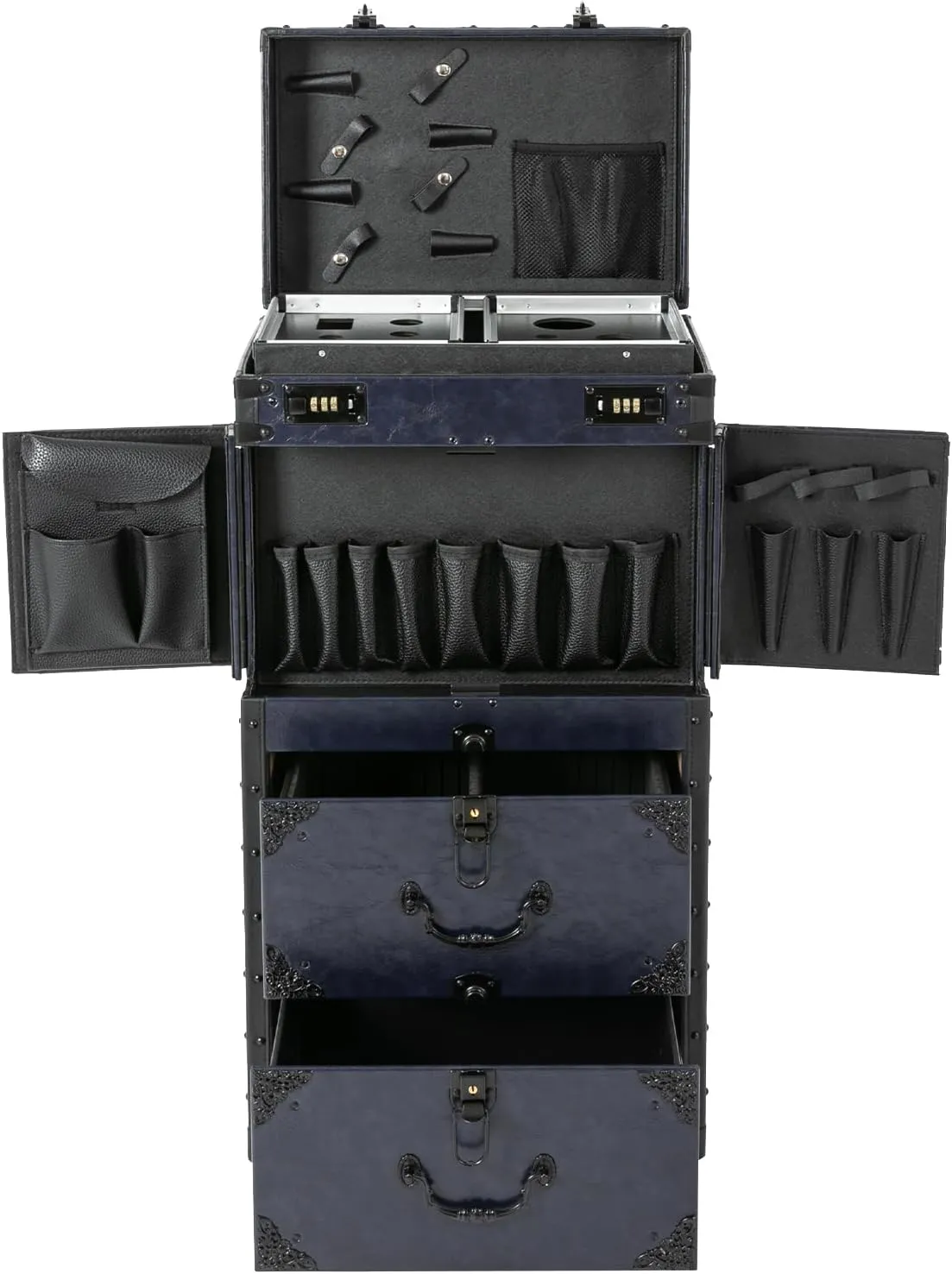 Lockable Makeup Train Case, 4 in 1 Makeup Rolling Train Case Professional Cosmetic Trolley Large Storage Organizer for Nail Tech Face Painting Hairstylist Makeup Artist (With Code Lock, Blue)