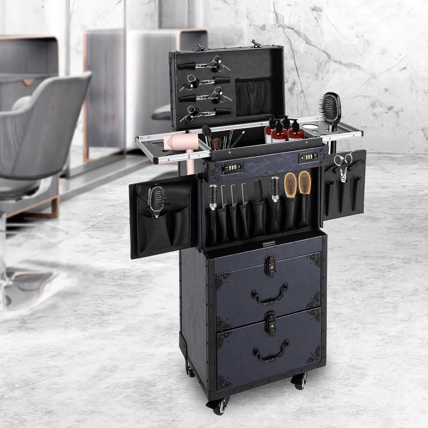 Lockable Makeup Train Case, 4 in 1 Makeup Rolling Train Case Professional Cosmetic Trolley Large Storage Organizer for Nail Tech Face Painting Hairstylist Makeup Artist (With Code Lock, Blue)