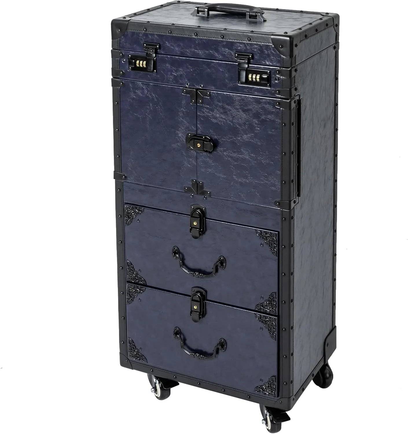 Lockable Makeup Train Case, 4 in 1 Makeup Rolling Train Case Professional Cosmetic Trolley Large Storage Organizer for Nail Tech Face Painting Hairstylist Makeup Artist (With Code Lock, Blue)