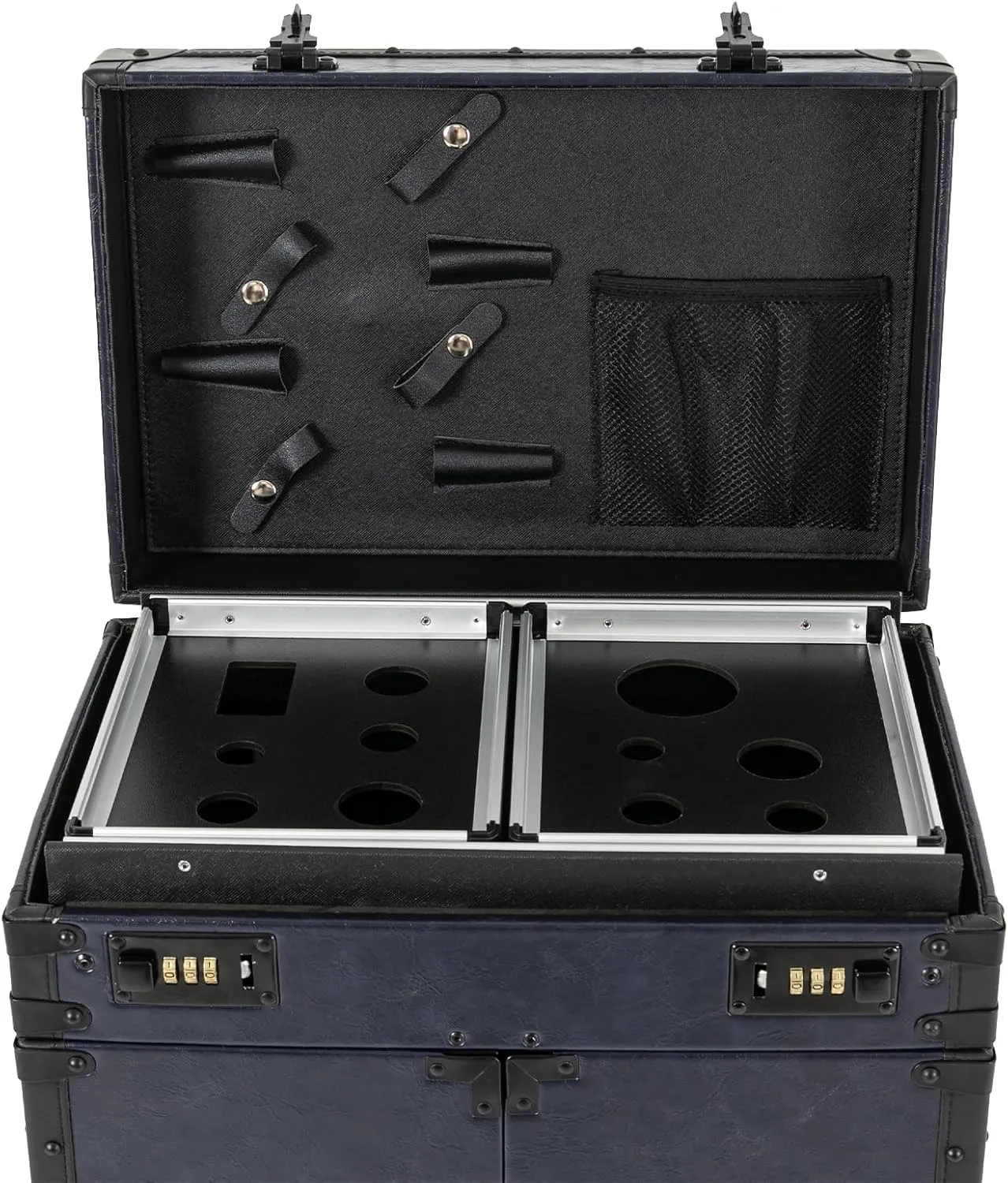 Lockable Makeup Train Case, 4 in 1 Makeup Rolling Train Case Professional Cosmetic Trolley Large Storage Organizer for Nail Tech Face Painting Hairstylist Makeup Artist (With Code Lock, Blue)