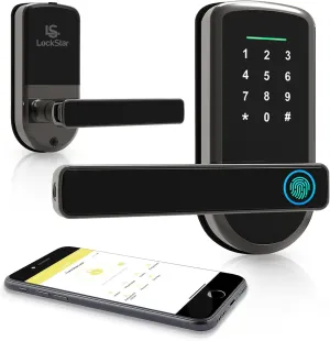 LOCKSTAR® Smart Door Lock with Handle • Keyless Deadbolt • Multiple Entry Methods – APP • Fingerprint Touch ID • Keypad Code • FOB • Traditional Key • Smart Home Devices