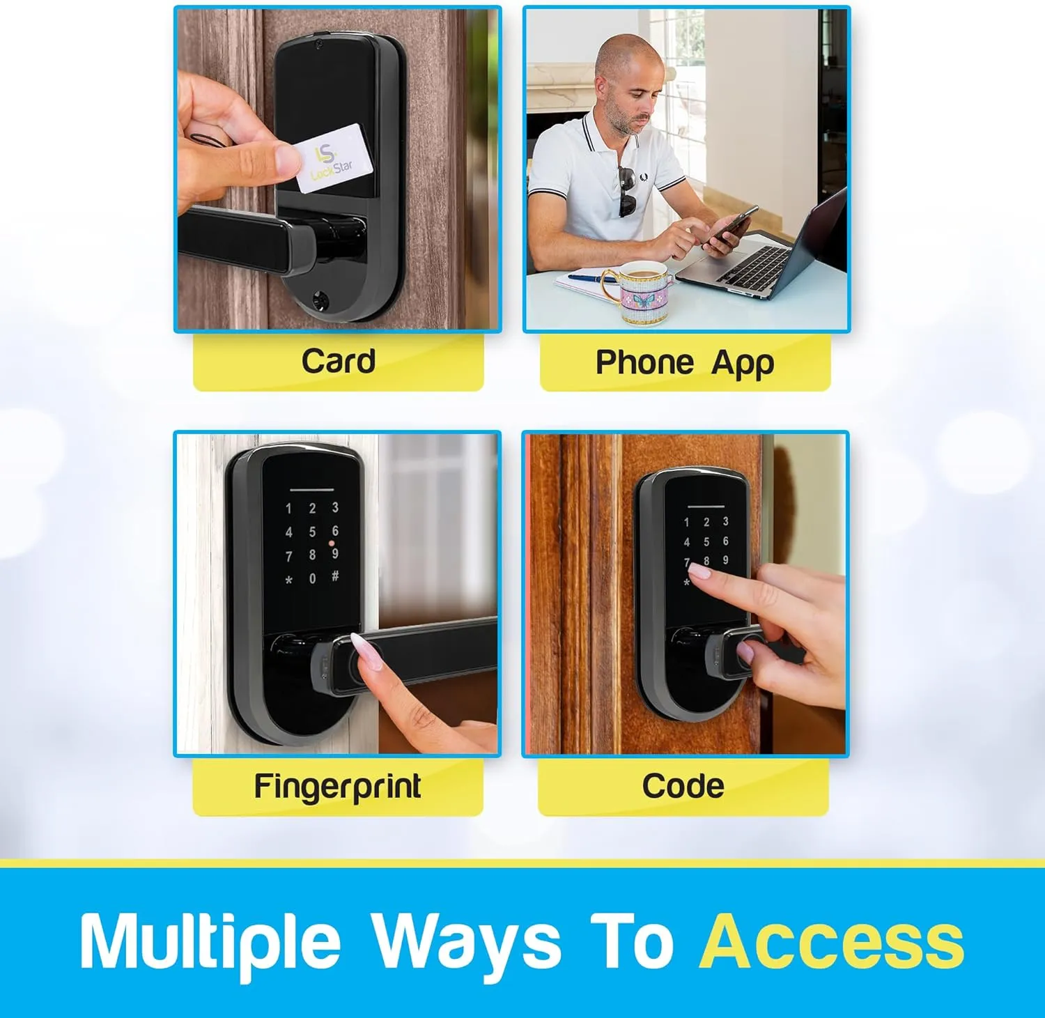 LOCKSTAR® Smart Door Lock with Handle • Keyless Deadbolt • Multiple Entry Methods – APP • Fingerprint Touch ID • Keypad Code • FOB • Traditional Key • Smart Home Devices