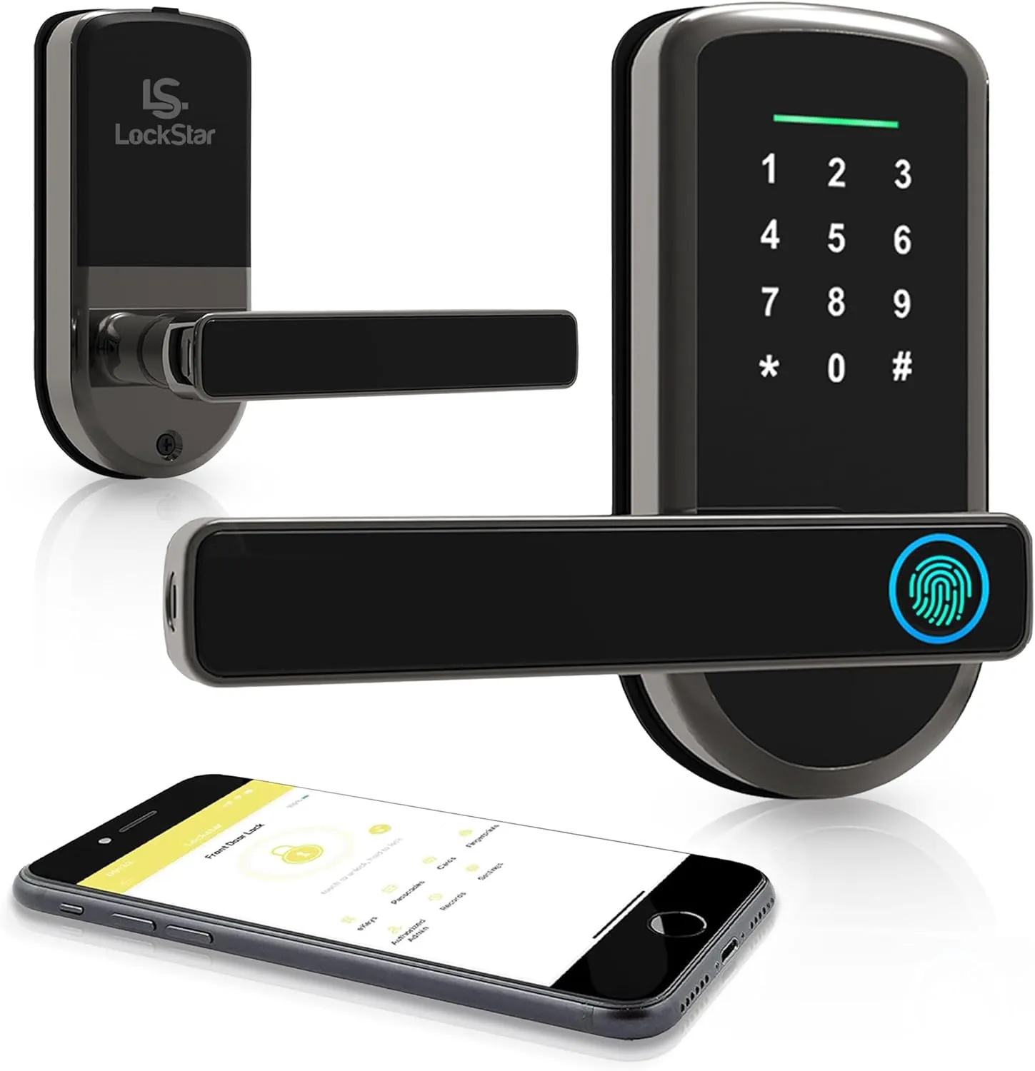 LOCKSTAR® Smart Door Lock with Handle • Keyless Deadbolt • Multiple Entry Methods – APP • Fingerprint Touch ID • Keypad Code • FOB • Traditional Key • Smart Home Devices