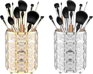 LUGUNU Makeup Brush Holder with Silver Golden Crystal Bling – Elegant Vanity Organizer for Brushes, Pens & Pencils, Ideal for Bathroom or Office Countertop(2Pack)
