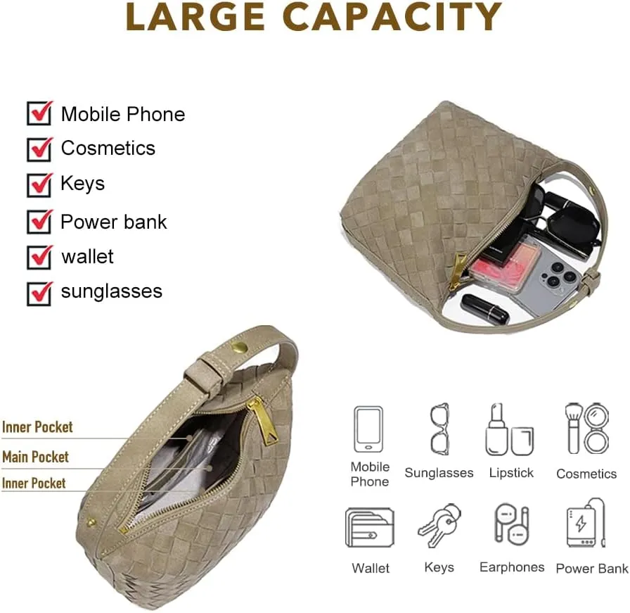 Luxurious Suede Slouch Hobo Bag for Women Woven Leather Shoulder Bags Top-Handle Purses