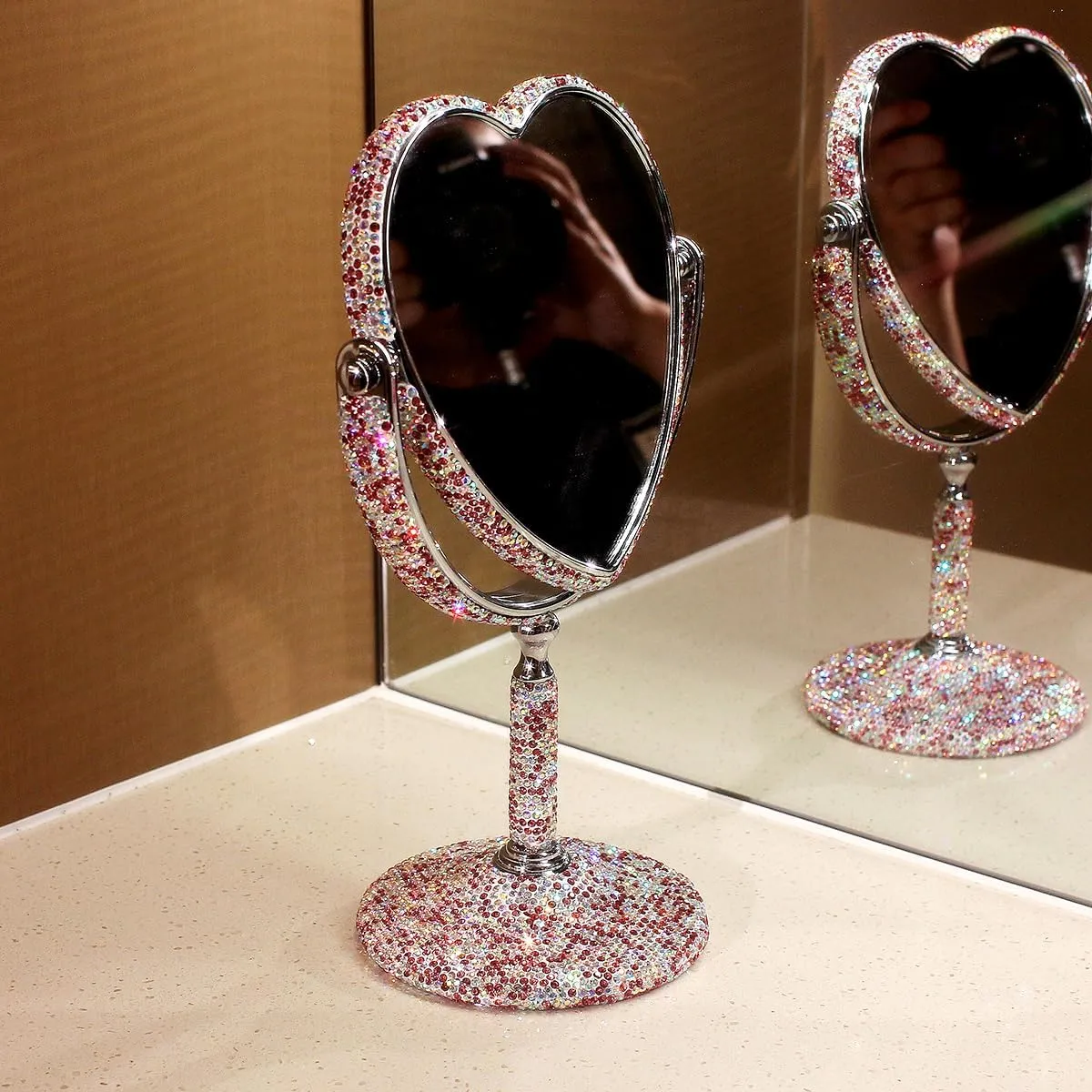 Luxury Bling Double-Sided Tabletop Makeup Mirror, Heart Shape Metal Makeup Mirror with 1:2 Magnifying Mirror, Rotating Mirror (Pink)