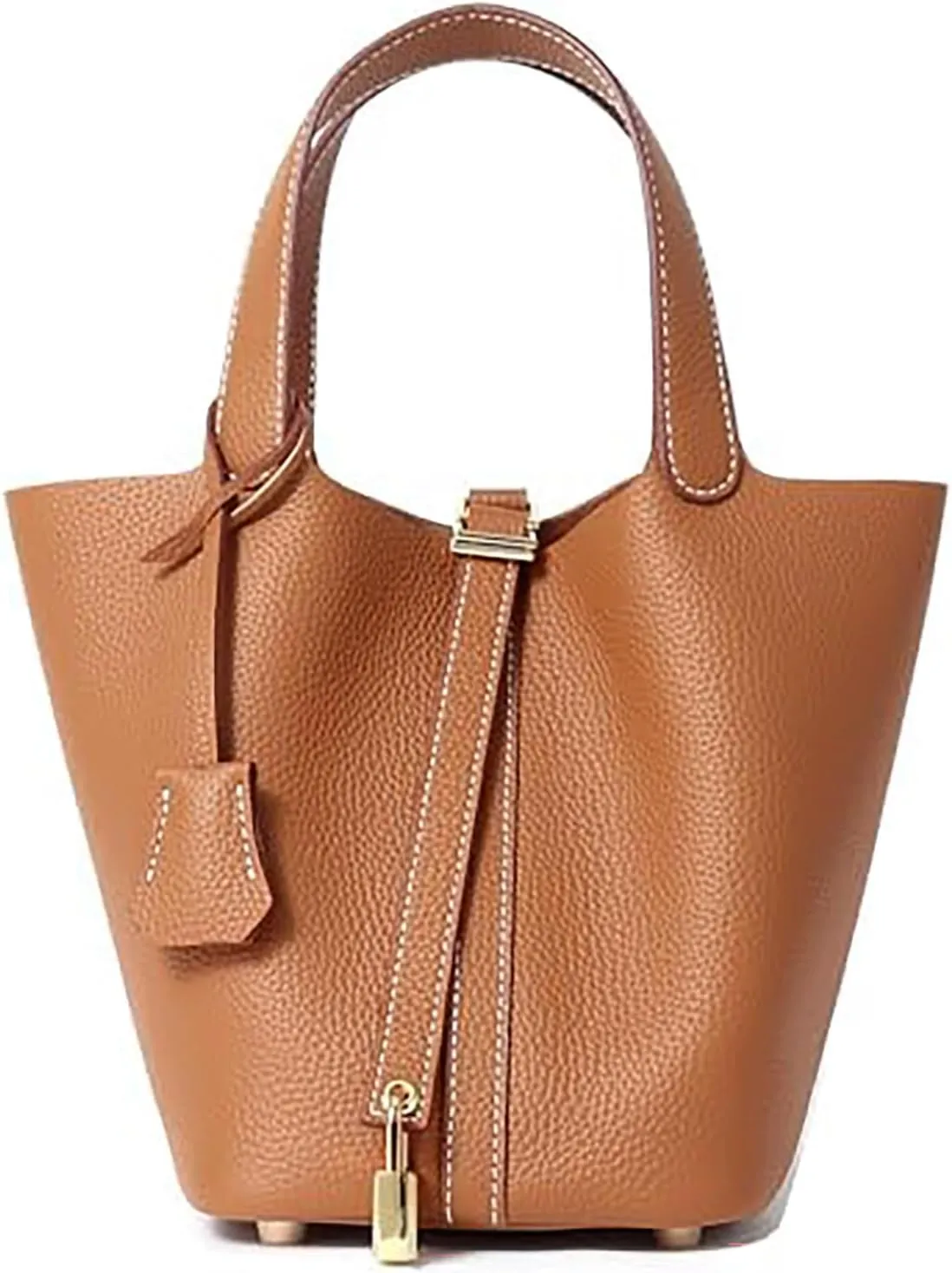 Luxury Genuine Leather Bucket Bag with Lock Closure Elegant Shoulder Bag for Women Versatile Crossbody Purse for Work Travel