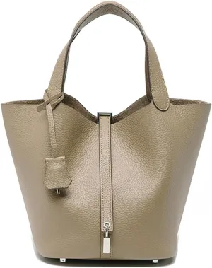 Luxury Genuine Leather Bucket Bag with Lock Closure Elegant Shoulder Bag for Women Versatile Crossbody Purse for Work Travel