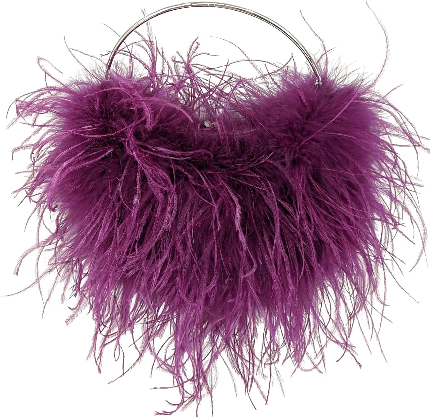 LVCOMEFF Ostrich Feather Evening Purse Silver Color Top-handle Moon Hobo Bag for Party Wedding Cute