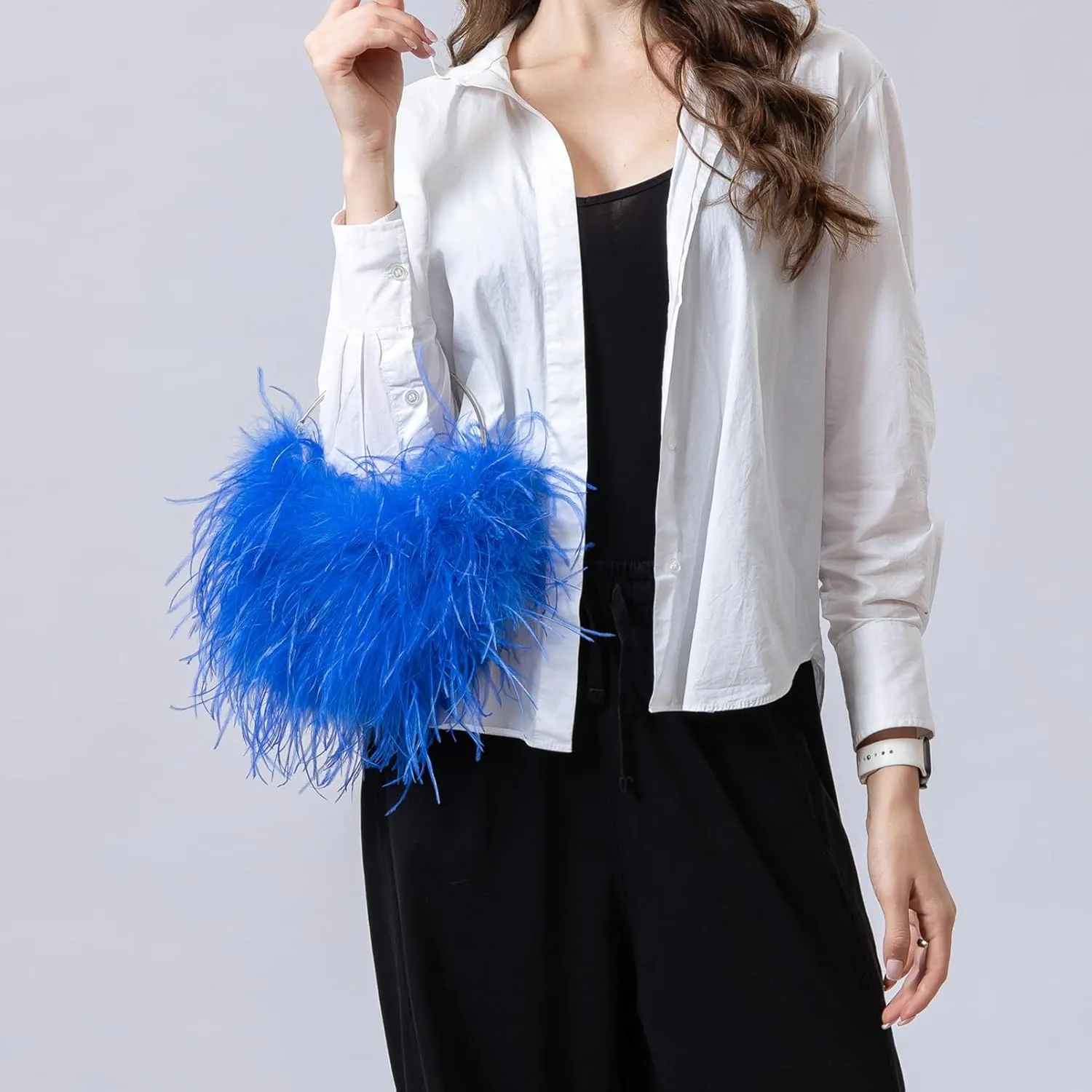 LVCOMEFF Ostrich Feather Evening Purse Silver Color Top-handle Moon Hobo Bag for Party Wedding Cute