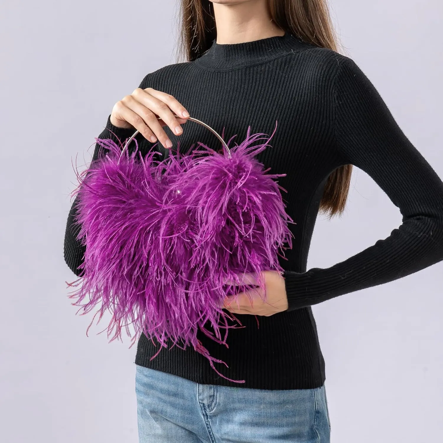 LVCOMEFF Ostrich Feather Evening Purse Silver Color Top-handle Moon Hobo Bag for Party Wedding Cute