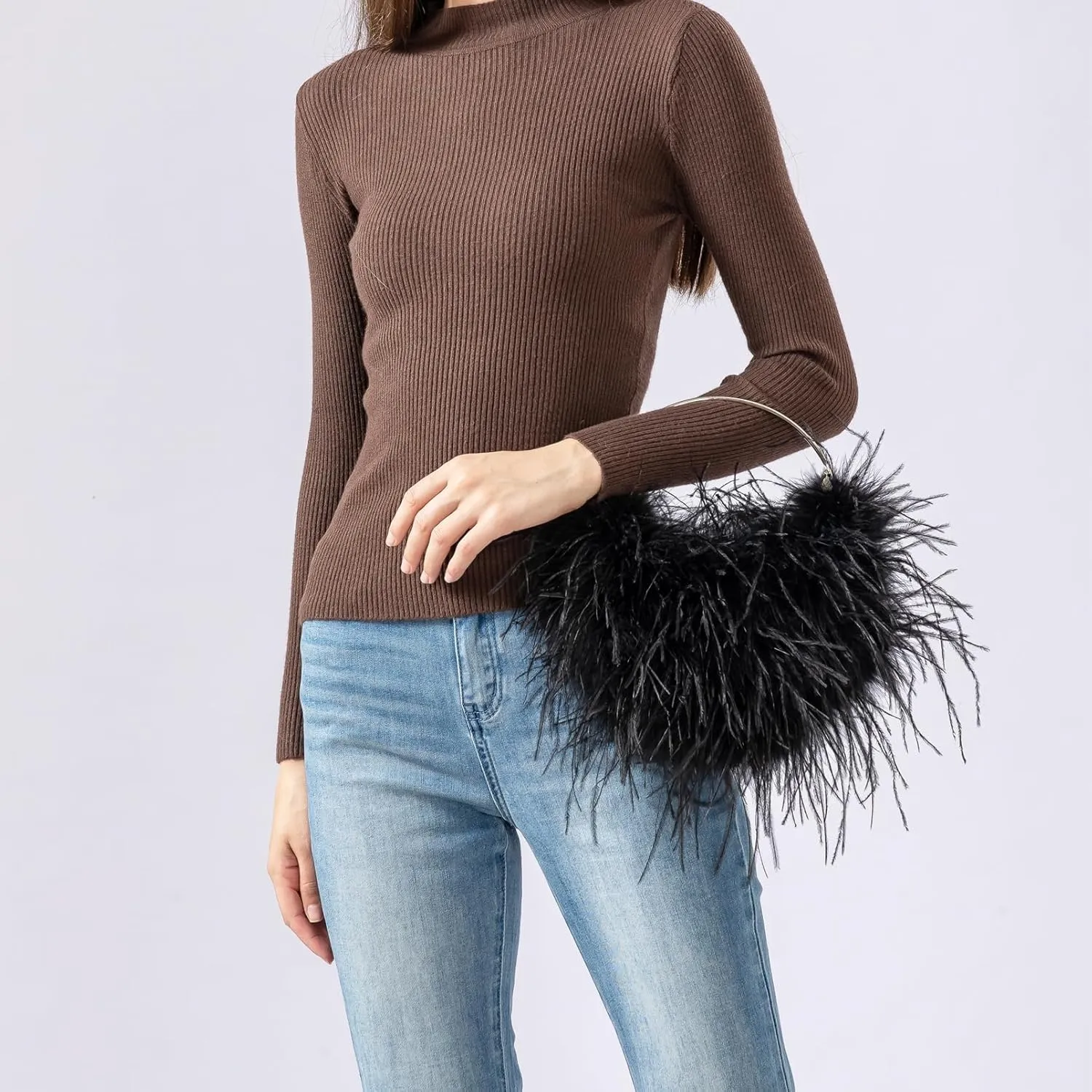 LVCOMEFF Ostrich Feather Evening Purse Silver Color Top-handle Moon Hobo Bag for Party Wedding Cute