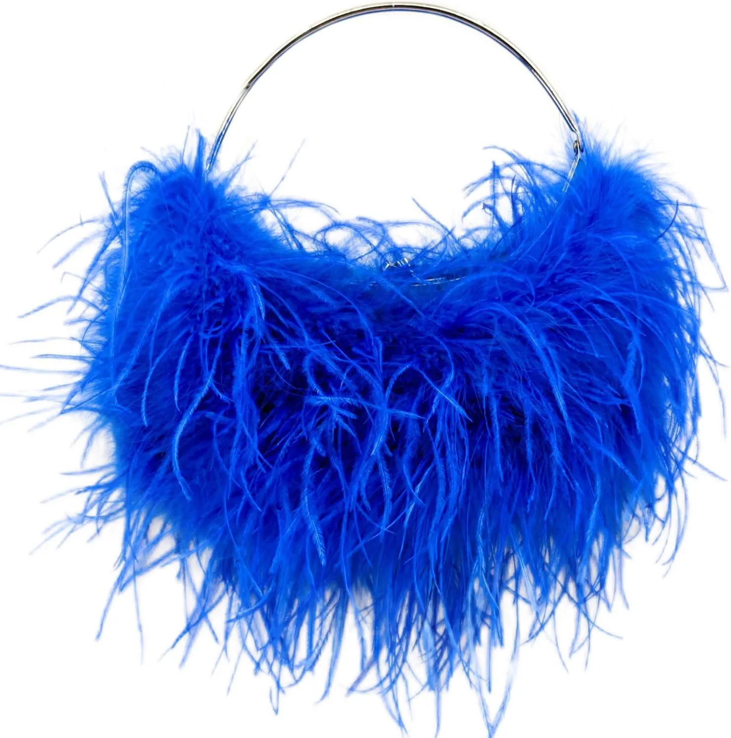 LVCOMEFF Ostrich Feather Evening Purse Silver Color Top-handle Moon Hobo Bag for Party Wedding Cute