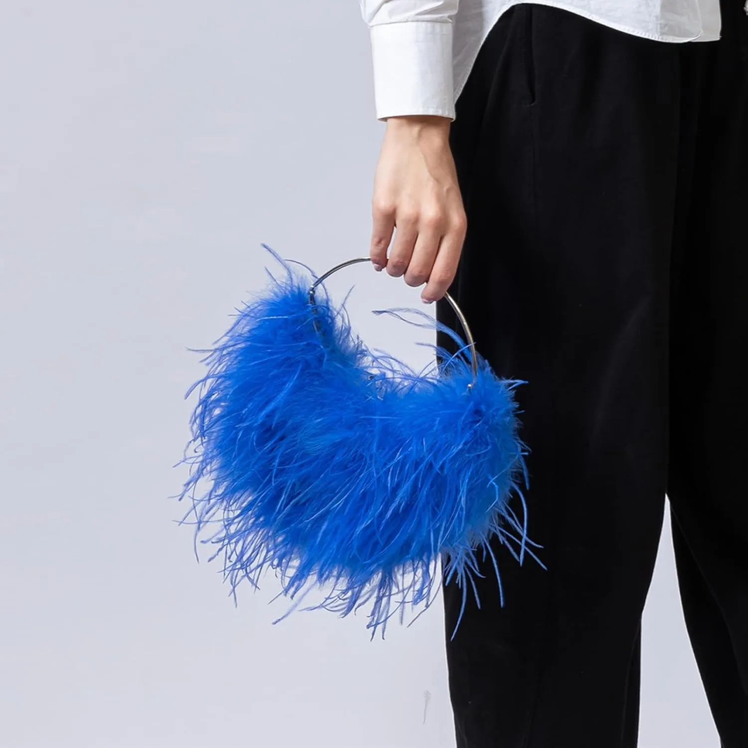 LVCOMEFF Ostrich Feather Evening Purse Silver Color Top-handle Moon Hobo Bag for Party Wedding Cute