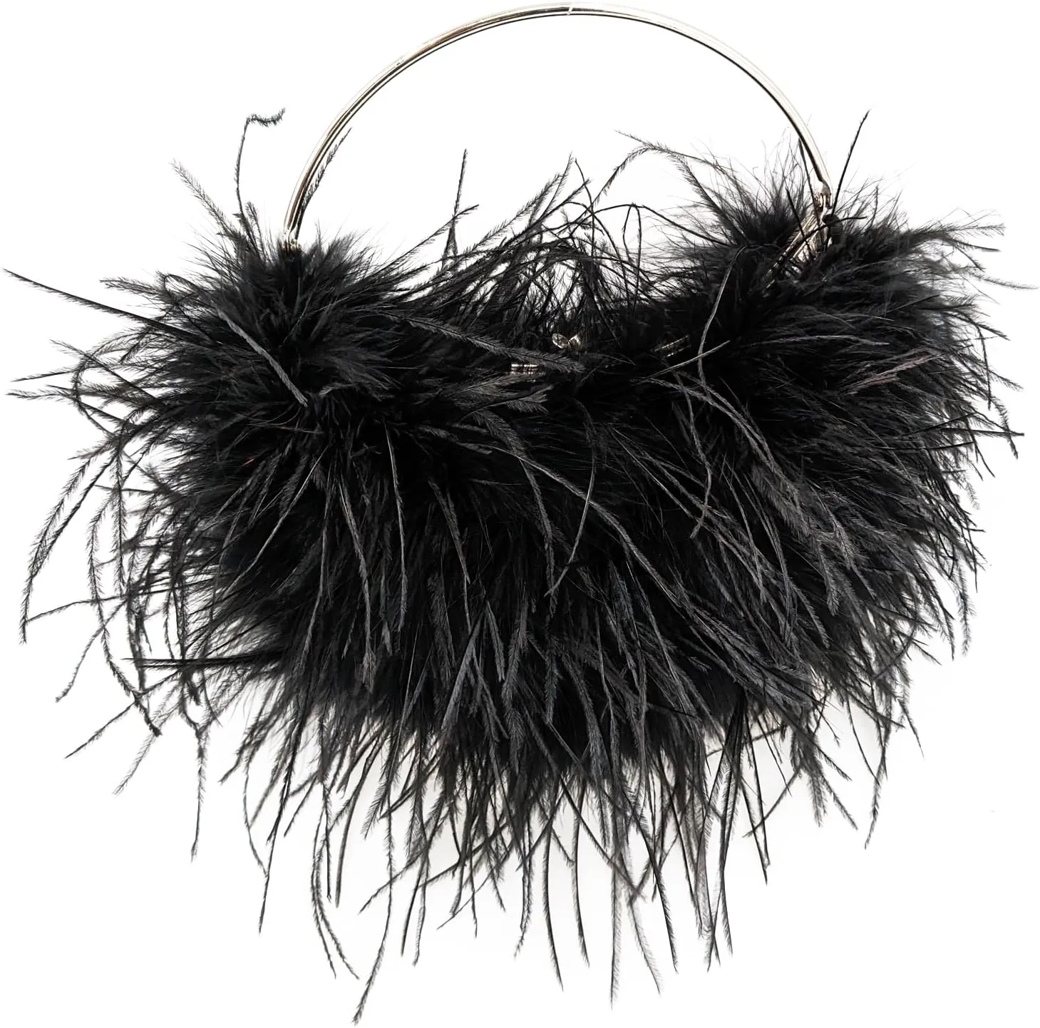 LVCOMEFF Ostrich Feather Evening Purse Silver Color Top-handle Moon Hobo Bag for Party Wedding Cute