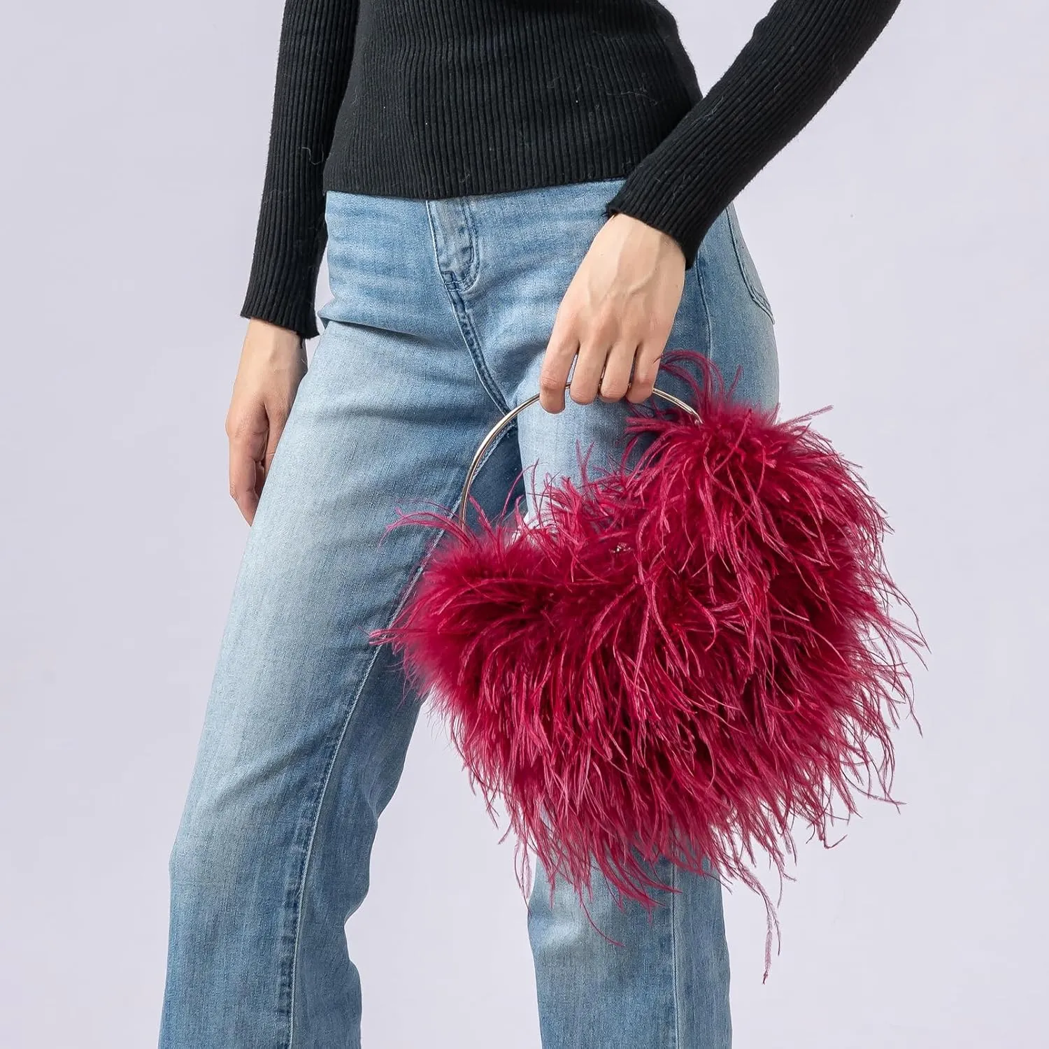 LVCOMEFF Ostrich Feather Evening Purse Silver Color Top-handle Moon Hobo Bag for Party Wedding Cute