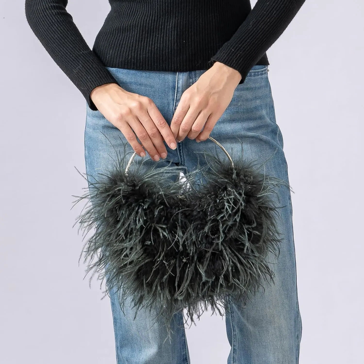 LVCOMEFF Ostrich Feather Evening Purse Silver Color Top-handle Moon Hobo Bag for Party Wedding Cute
