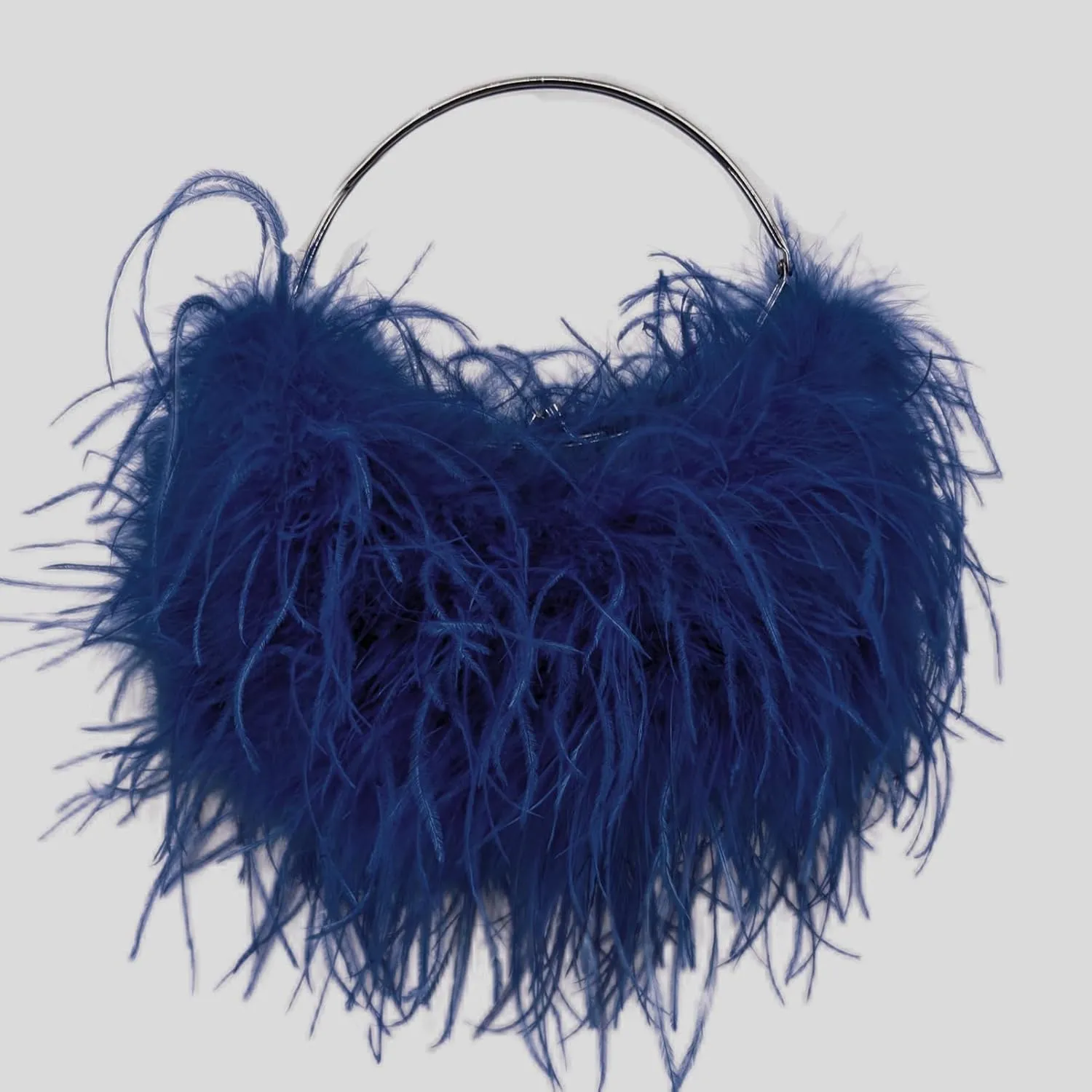 LVCOMEFF Ostrich Feather Evening Purse Silver Color Top-handle Moon Hobo Bag for Party Wedding Cute