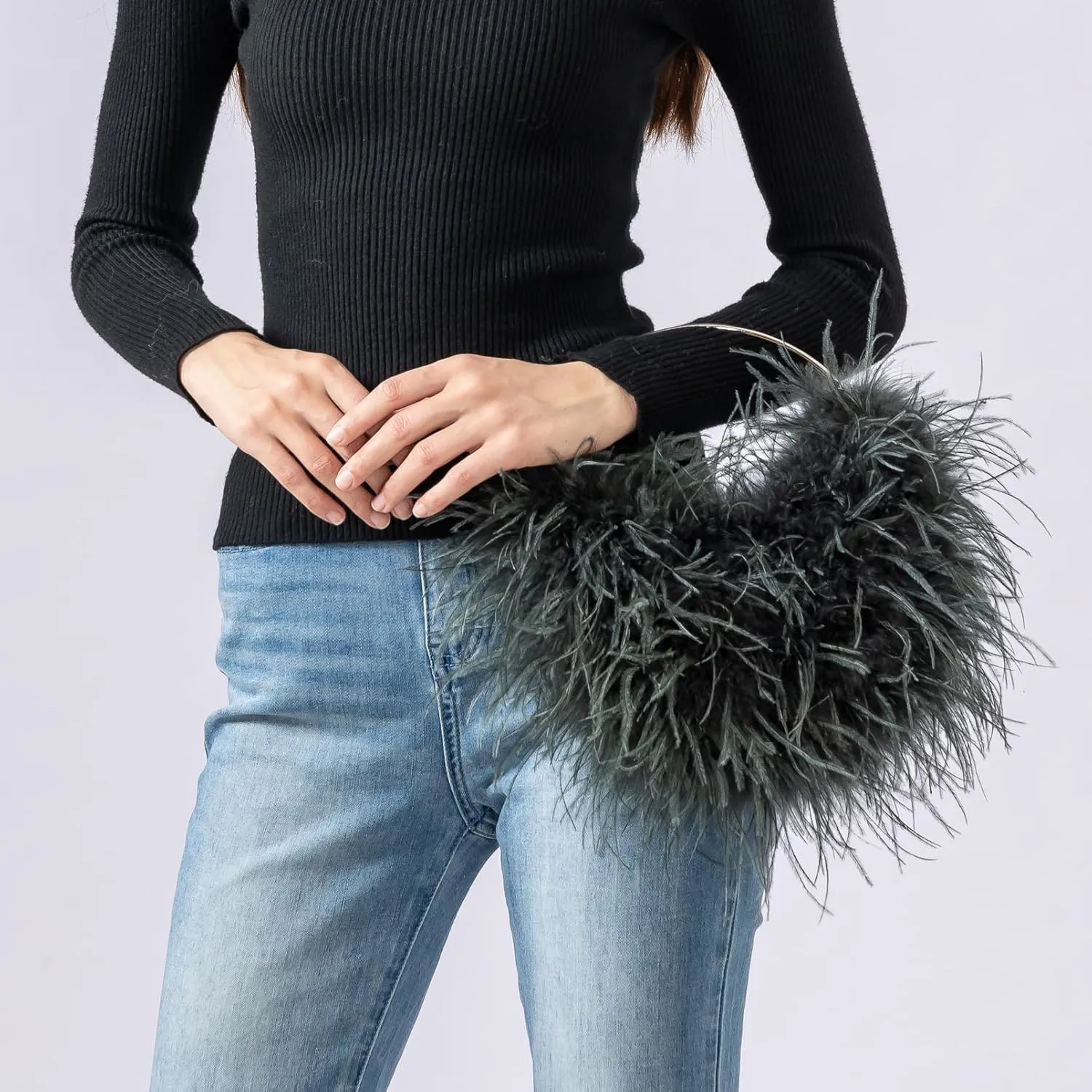 LVCOMEFF Ostrich Feather Evening Purse Silver Color Top-handle Moon Hobo Bag for Party Wedding Cute