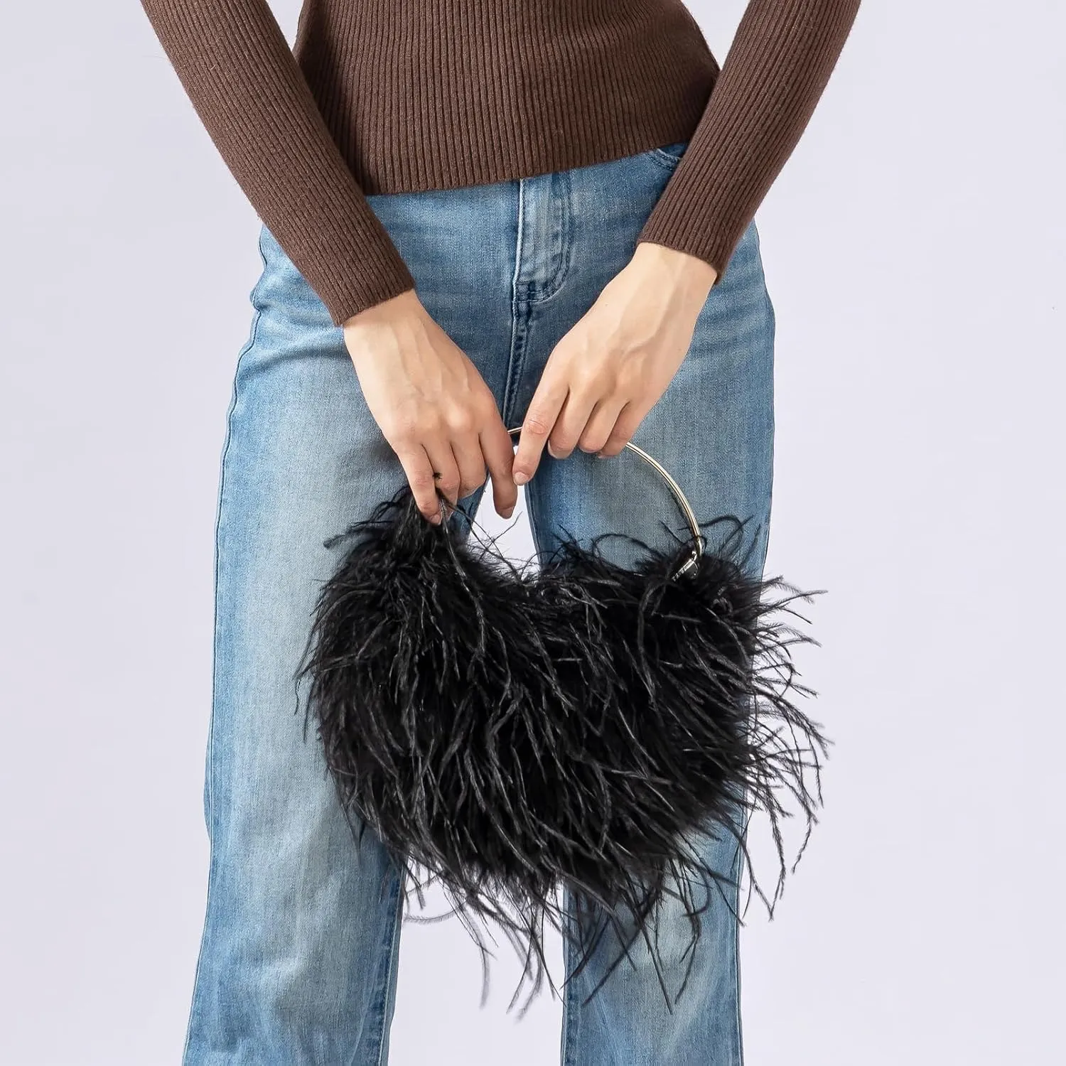 LVCOMEFF Ostrich Feather Evening Purse Silver Color Top-handle Moon Hobo Bag for Party Wedding Cute