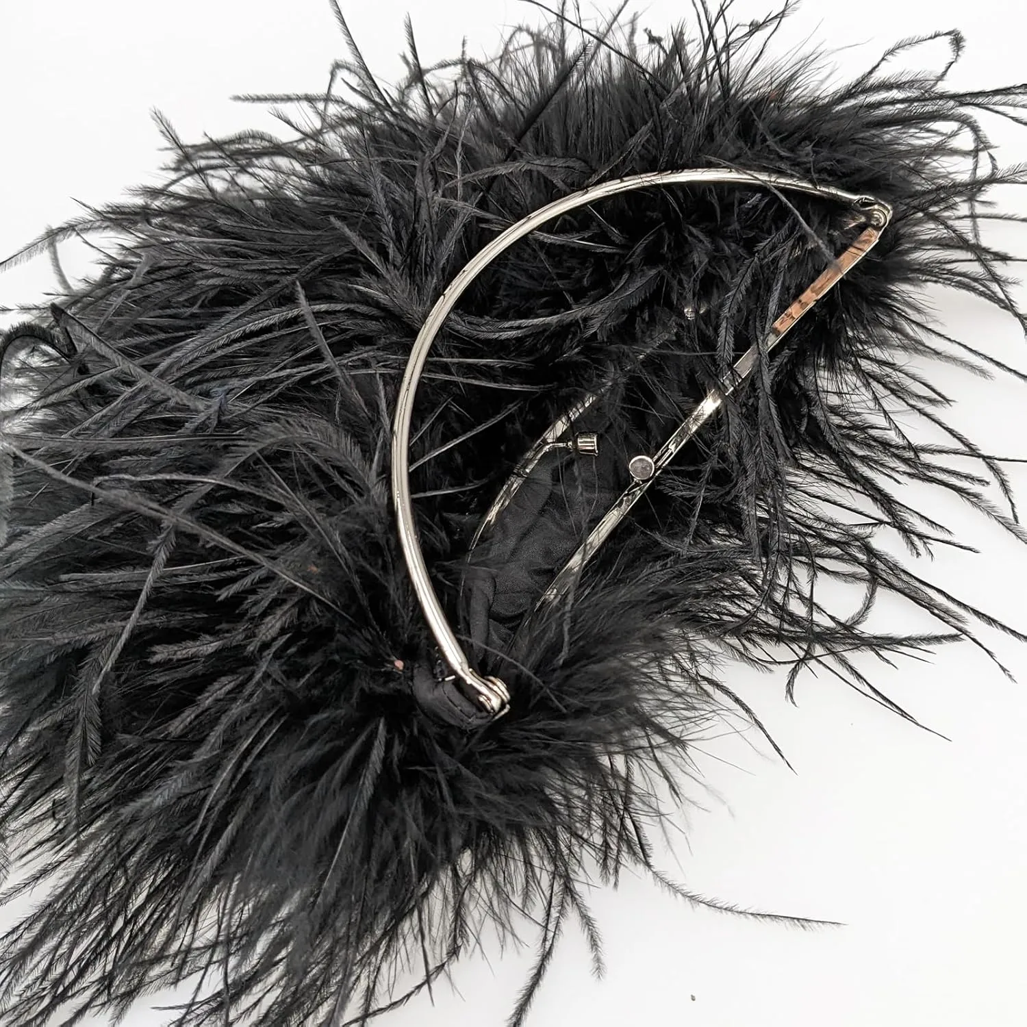 LVCOMEFF Ostrich Feather Evening Purse Silver Color Top-handle Moon Hobo Bag for Party Wedding Cute