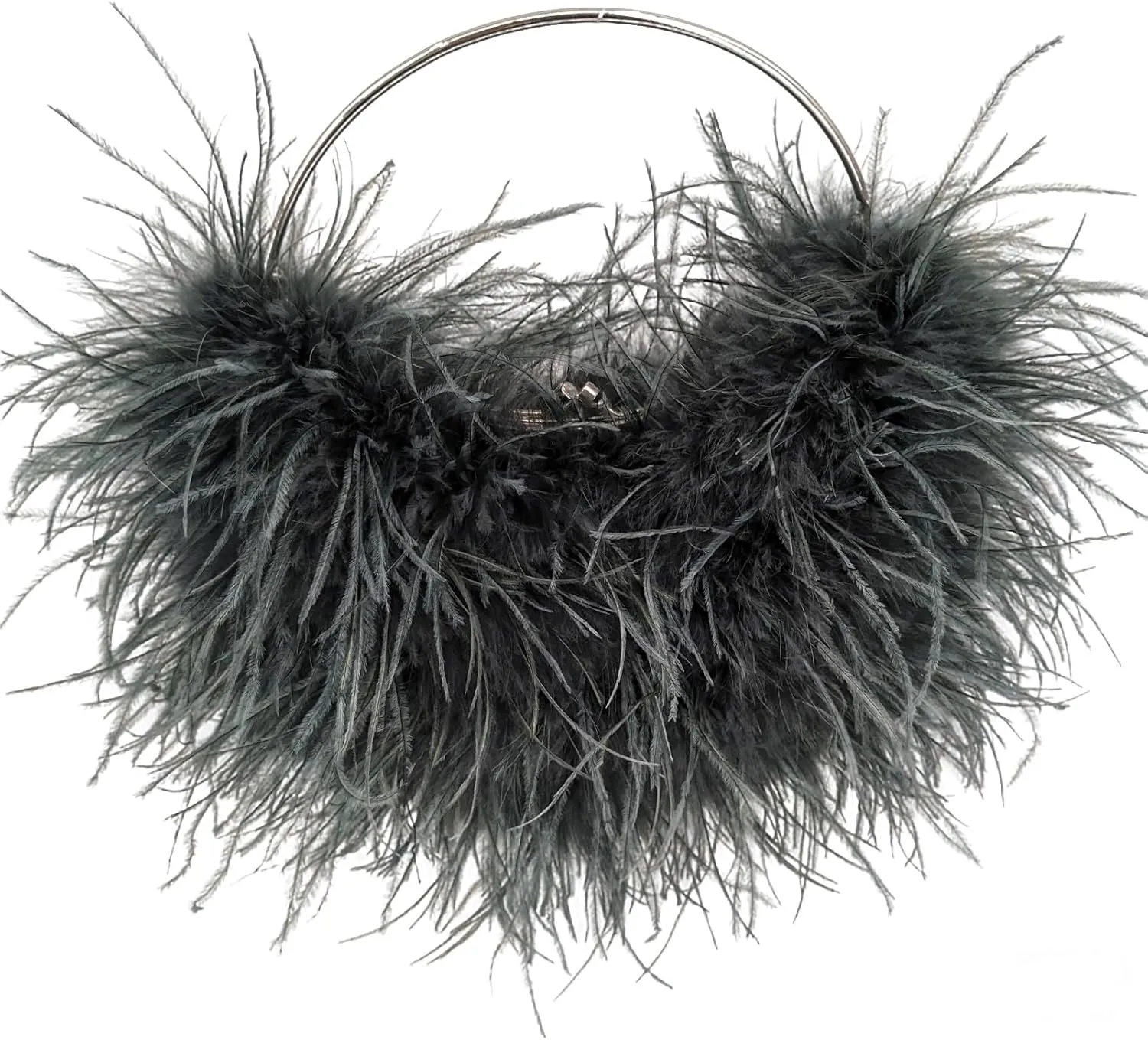 LVCOMEFF Ostrich Feather Evening Purse Silver Color Top-handle Moon Hobo Bag for Party Wedding Cute