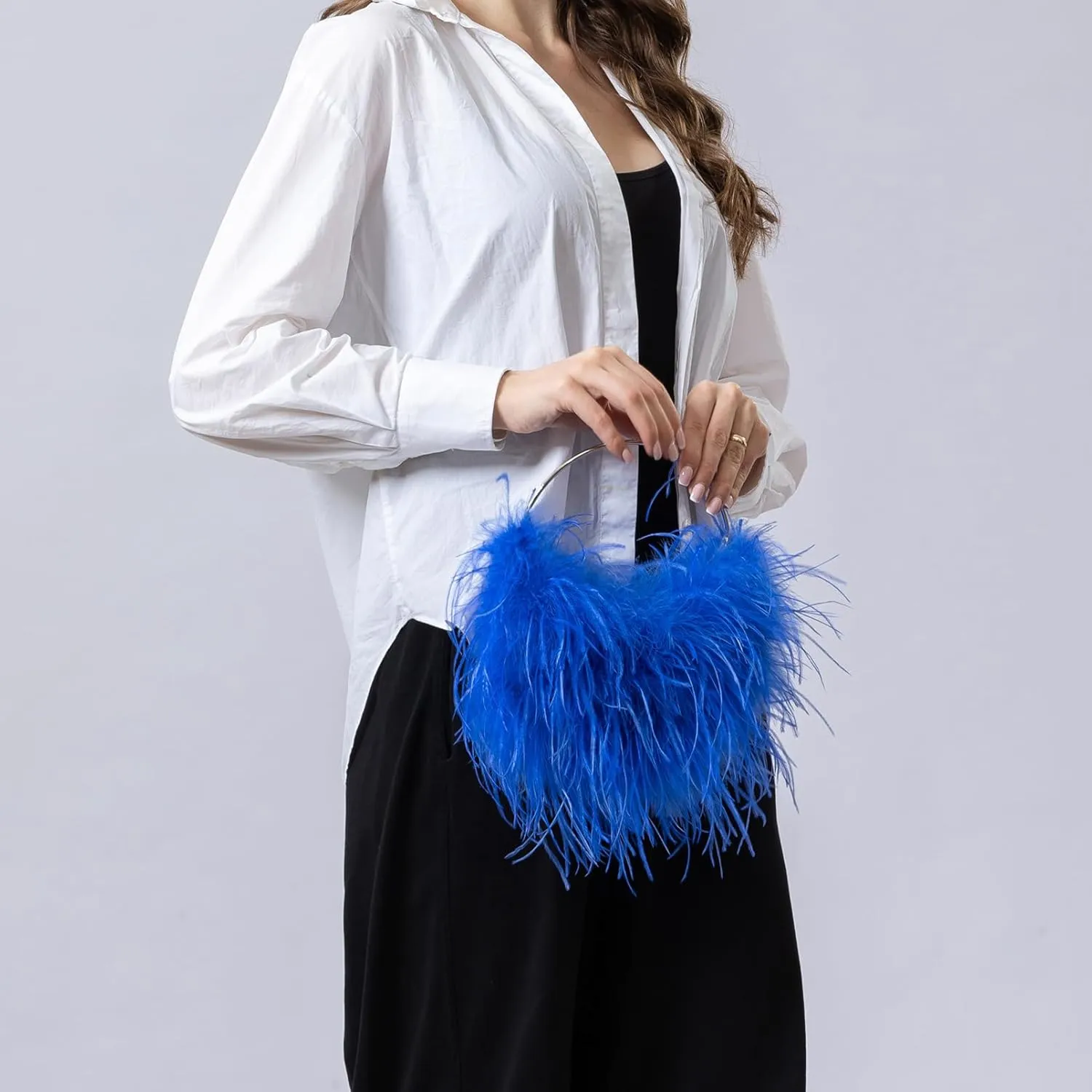 LVCOMEFF Ostrich Feather Evening Purse Silver Color Top-handle Moon Hobo Bag for Party Wedding Cute