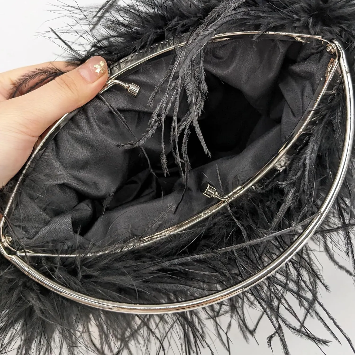 LVCOMEFF Ostrich Feather Evening Purse Silver Color Top-handle Moon Hobo Bag for Party Wedding Cute
