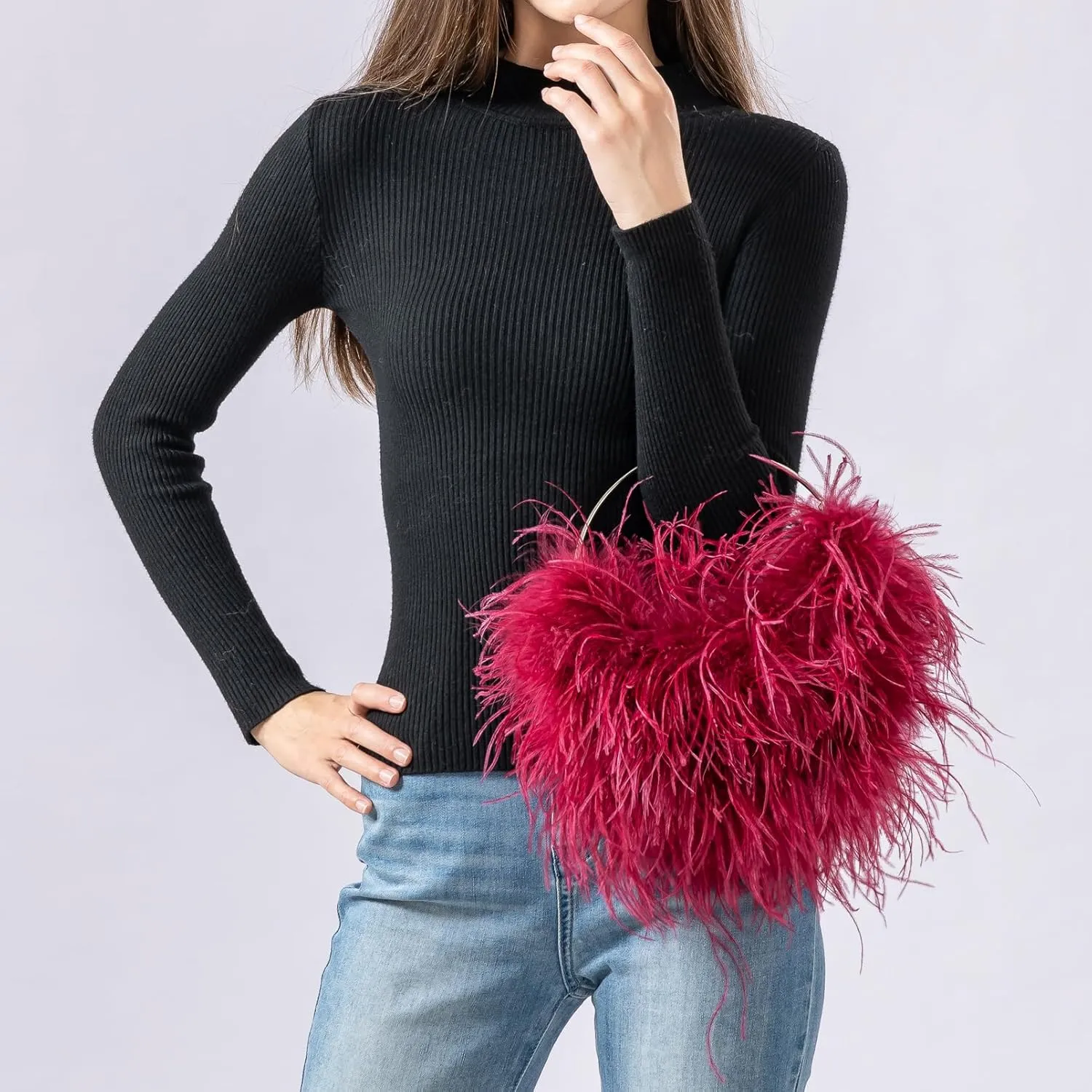 LVCOMEFF Ostrich Feather Evening Purse Silver Color Top-handle Moon Hobo Bag for Party Wedding Cute