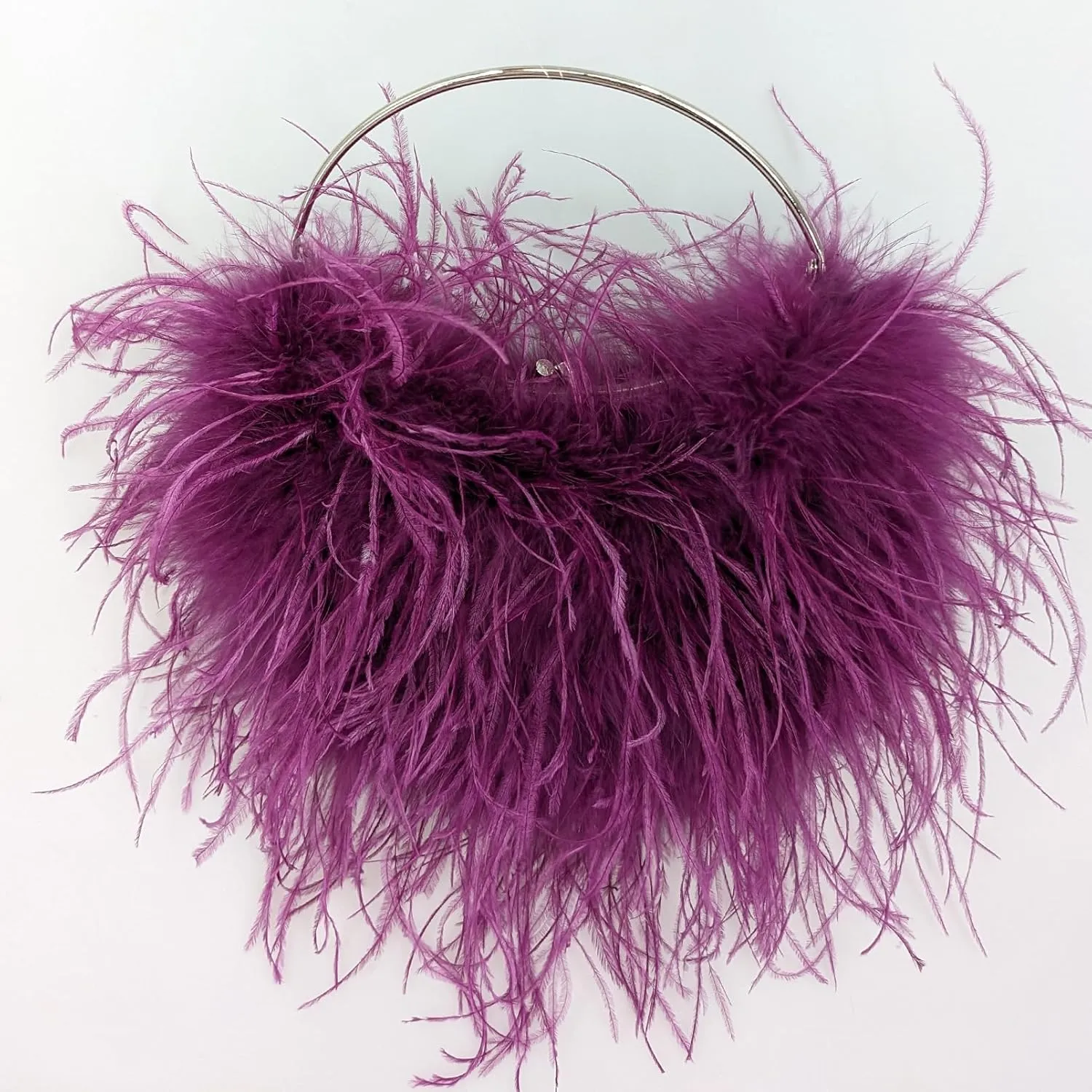 LVCOMEFF Ostrich Feather Evening Purse Silver Color Top-handle Moon Hobo Bag for Party Wedding Cute
