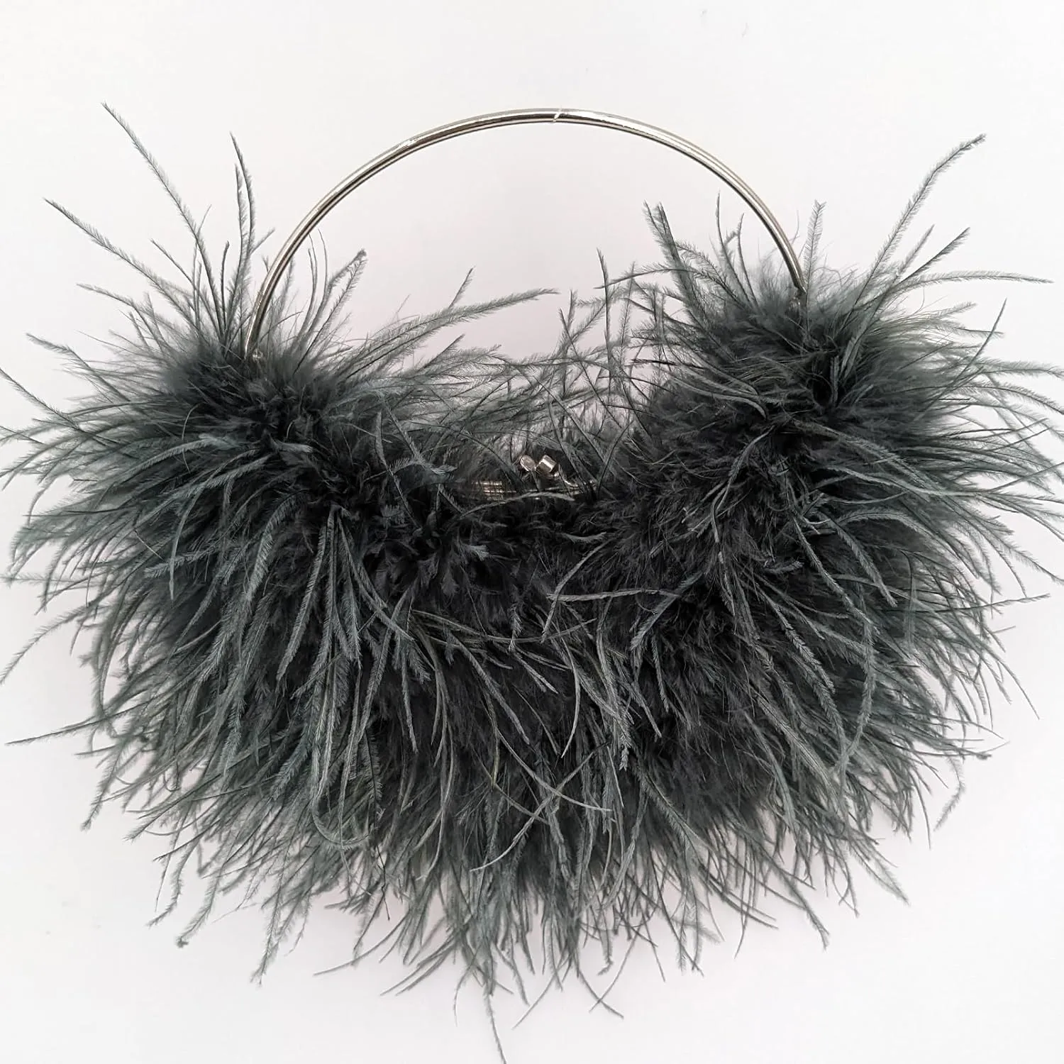 LVCOMEFF Ostrich Feather Evening Purse Silver Color Top-handle Moon Hobo Bag for Party Wedding Cute