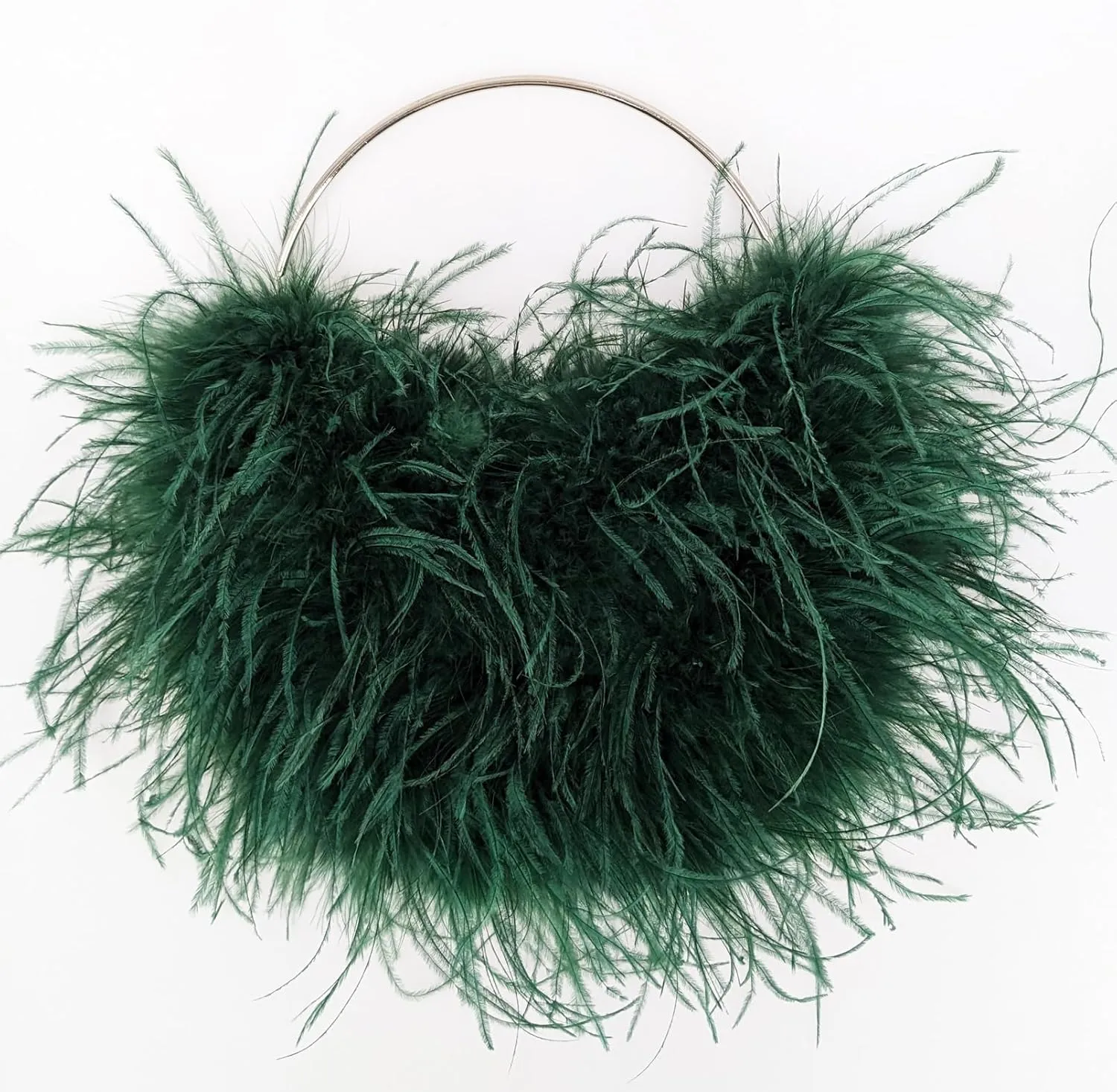LVCOMEFF Ostrich Feather Evening Purse Silver Color Top-handle Moon Hobo Bag for Party Wedding Cute