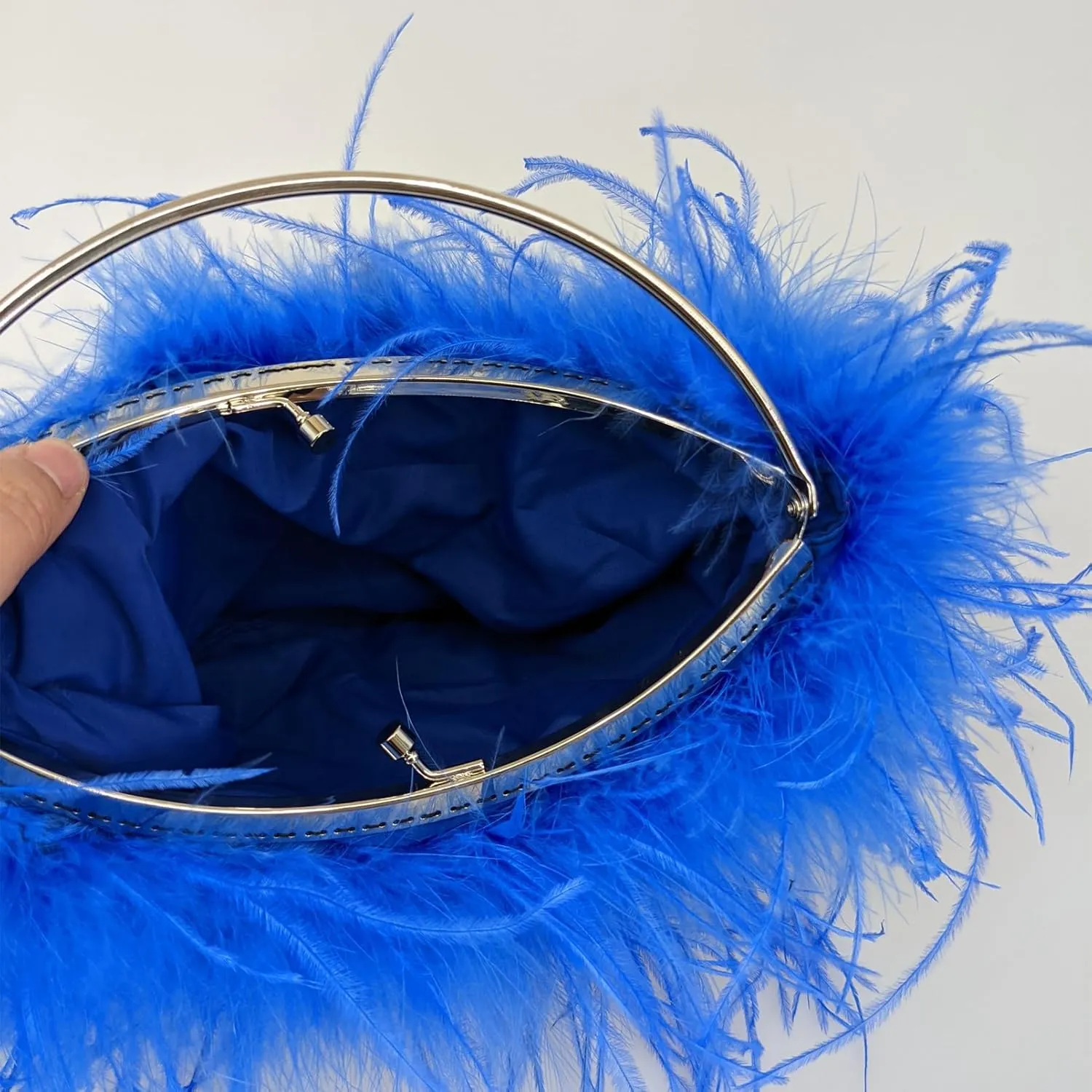 LVCOMEFF Ostrich Feather Evening Purse Silver Color Top-handle Moon Hobo Bag for Party Wedding Cute