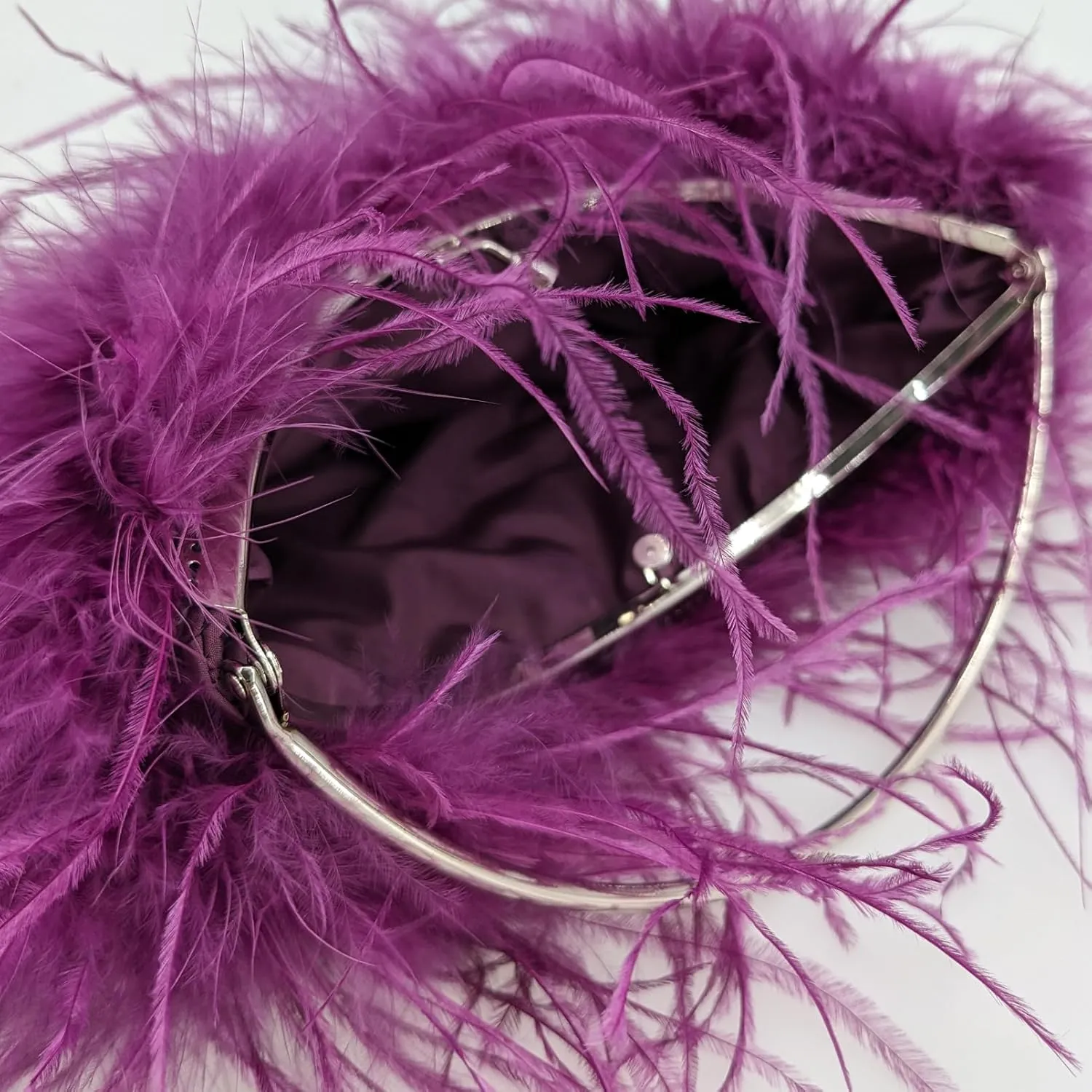 LVCOMEFF Ostrich Feather Evening Purse Silver Color Top-handle Moon Hobo Bag for Party Wedding Cute