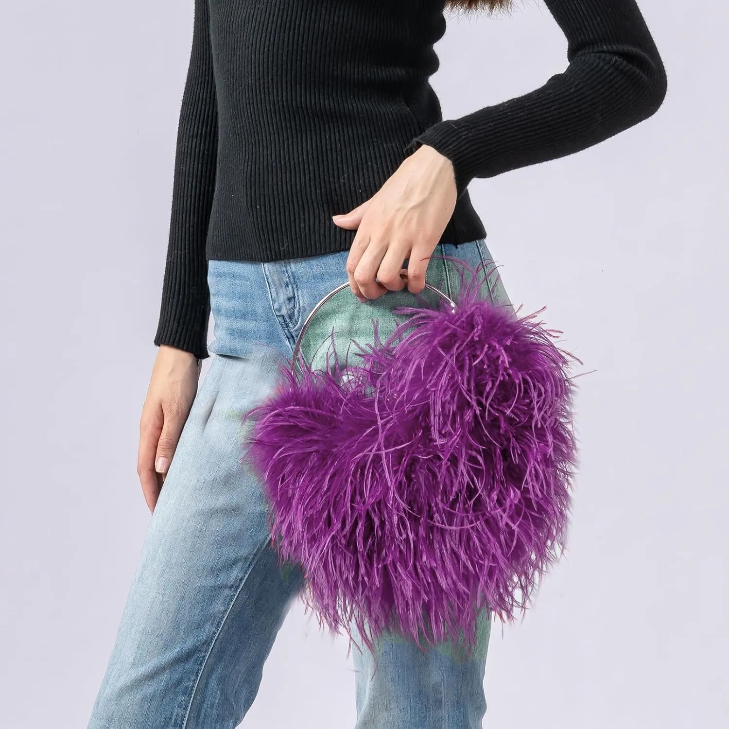 LVCOMEFF Ostrich Feather Evening Purse Silver Color Top-handle Moon Hobo Bag for Party Wedding Cute