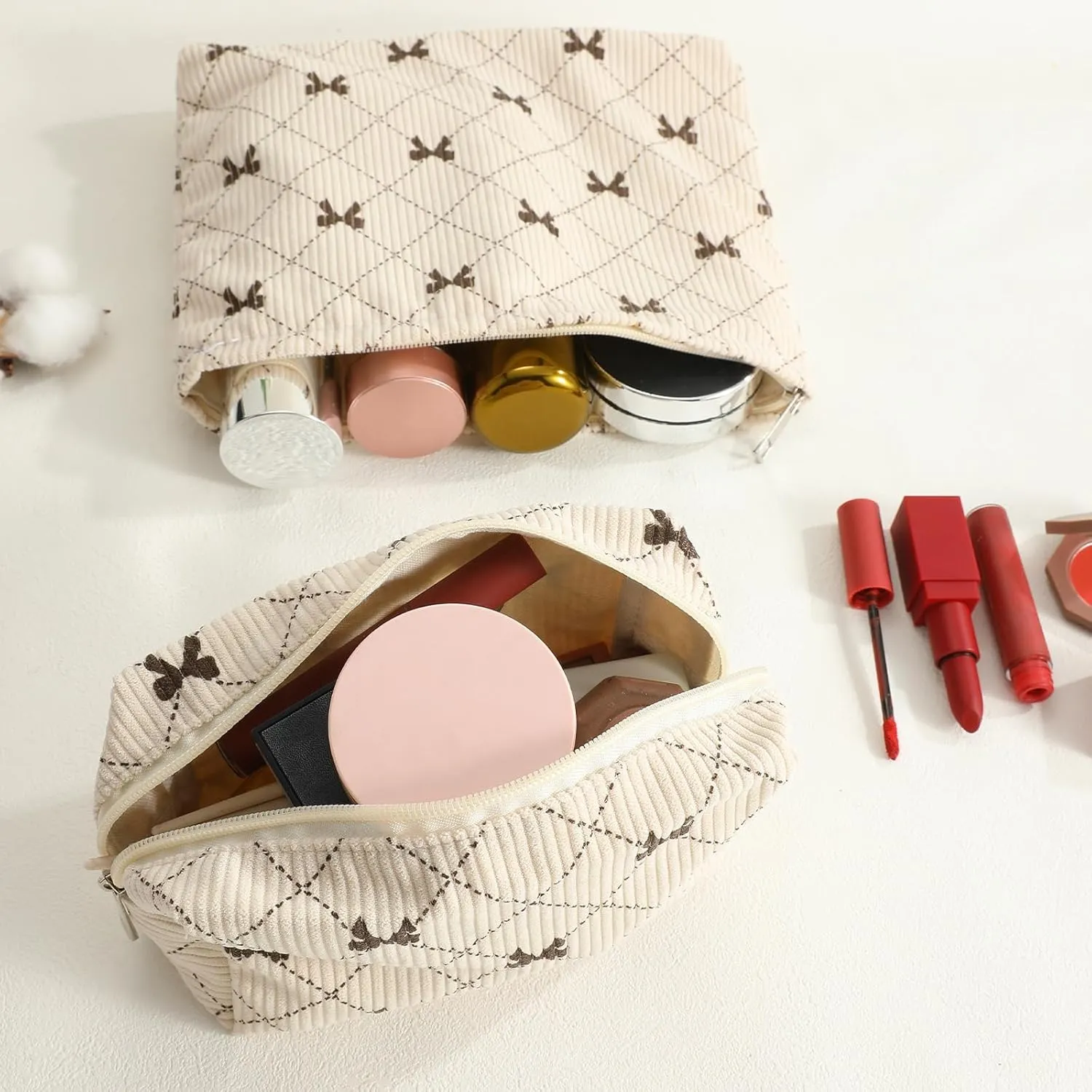 LYDZTION 2PCS Cute Corduroy Makeup Bag Set for Women, Small Travel Toiletry Bag, Coquette Cosmetic Pouch With Bow, Portable Versatile Zipper Pouch - Khaki