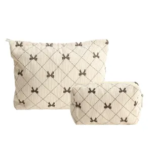 LYDZTION 2PCS Cute Corduroy Makeup Bag Set for Women, Small Travel Toiletry Bag, Coquette Cosmetic Pouch With Bow, Portable Versatile Zipper Pouch - Khaki
