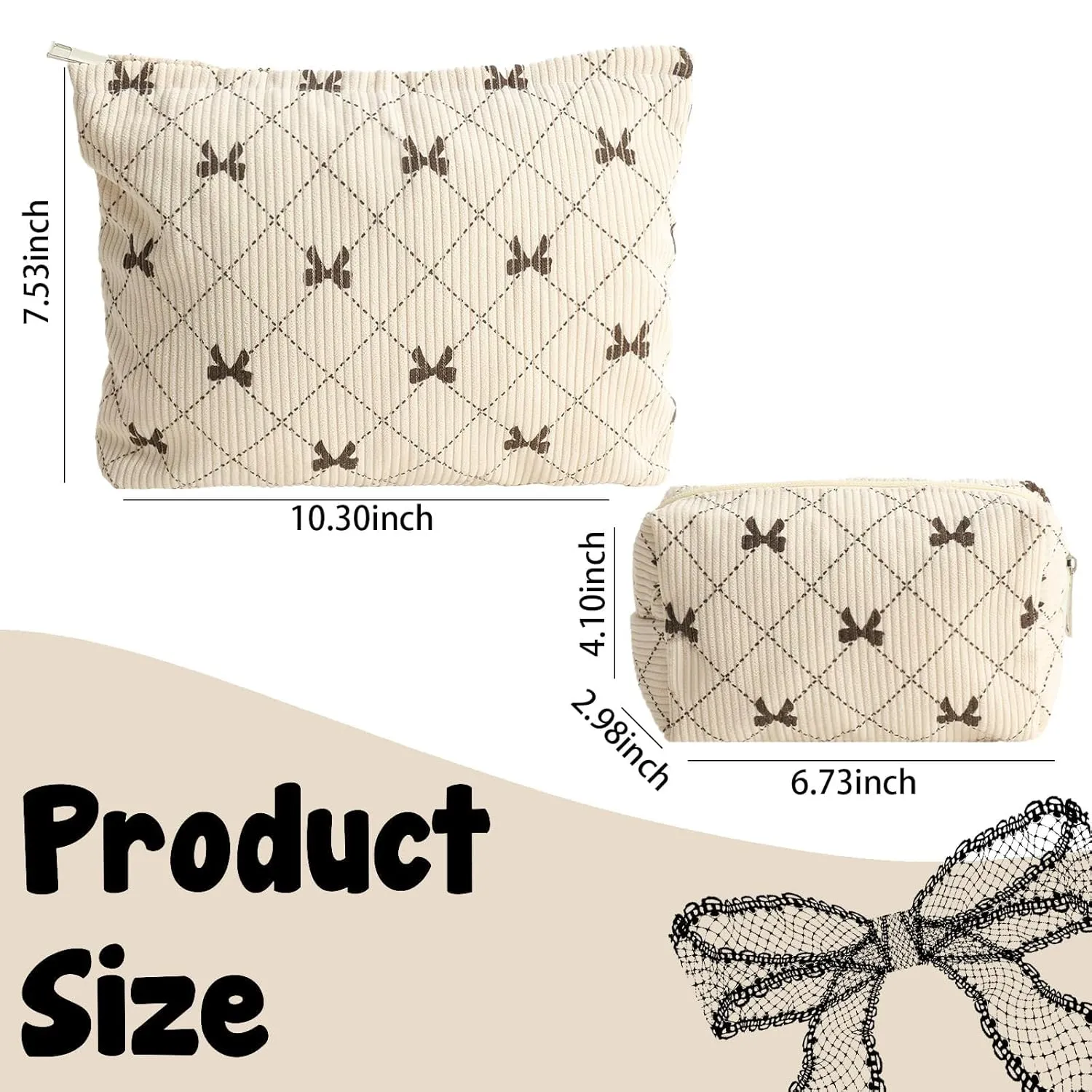 LYDZTION 2PCS Cute Corduroy Makeup Bag Set for Women, Small Travel Toiletry Bag, Coquette Cosmetic Pouch With Bow, Portable Versatile Zipper Pouch - Khaki