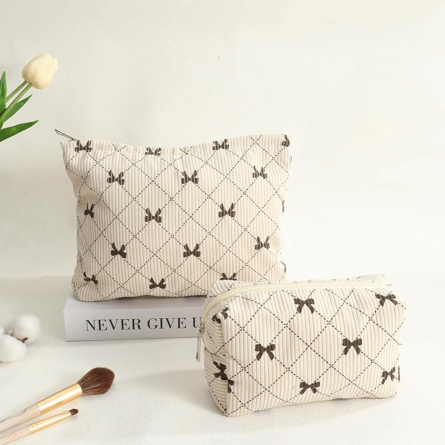 LYDZTION 2PCS Cute Corduroy Makeup Bag Set for Women, Small Travel Toiletry Bag, Coquette Cosmetic Pouch With Bow, Portable Versatile Zipper Pouch - Khaki