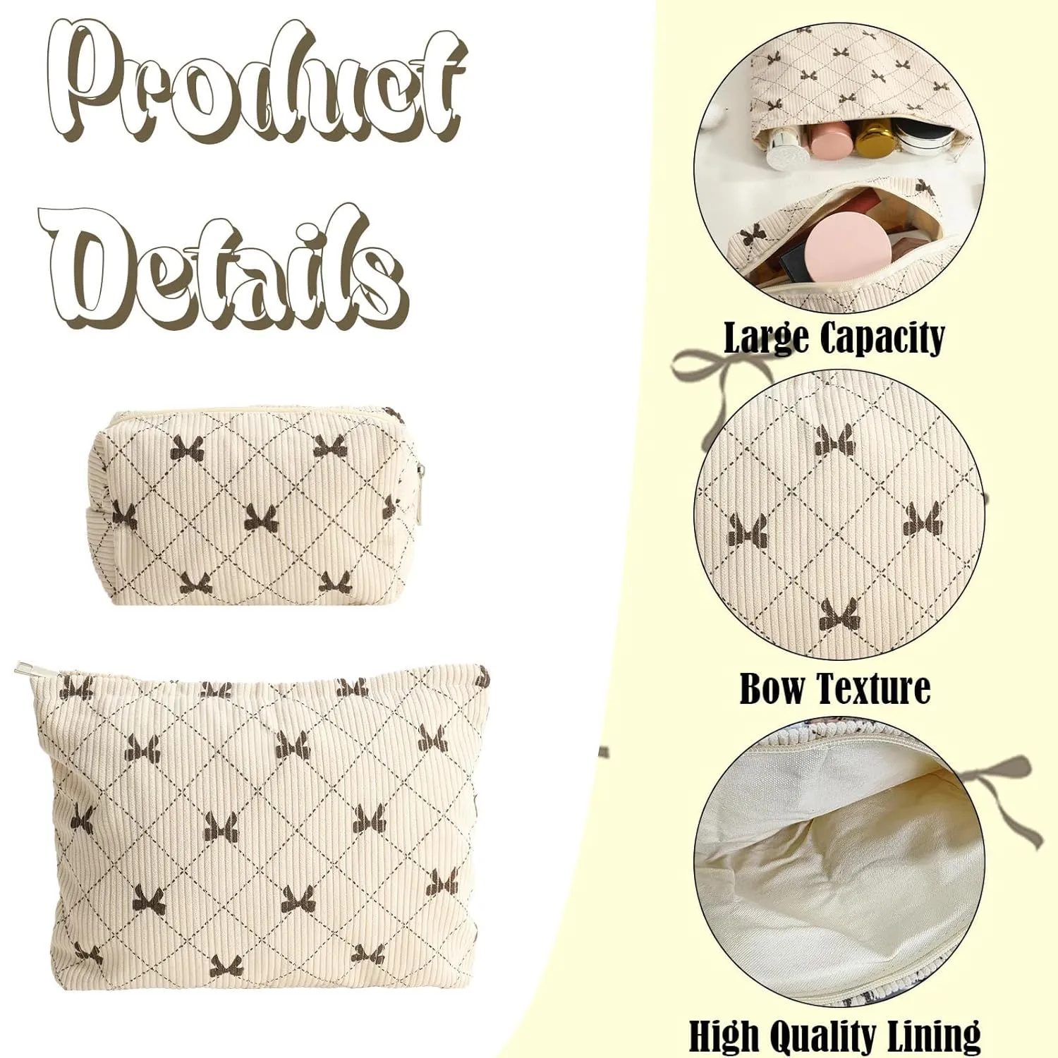 LYDZTION 2PCS Cute Corduroy Makeup Bag Set for Women, Small Travel Toiletry Bag, Coquette Cosmetic Pouch With Bow, Portable Versatile Zipper Pouch - Khaki