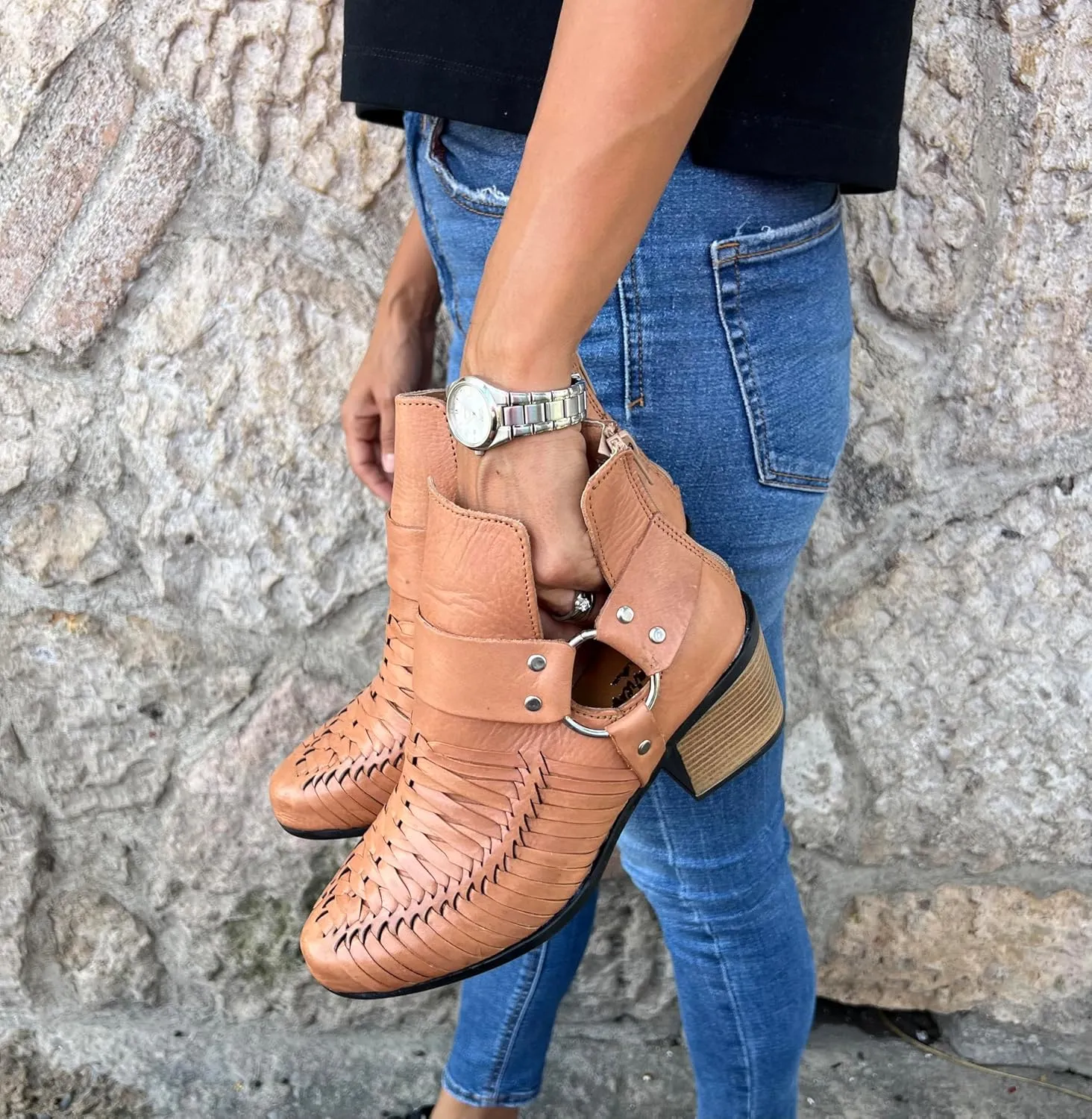 Macarena Collection Women's Handcrafted Leather Ankle Boots - Genuine Leather - Made in Mexico - Available in Black and Tan Model 6230