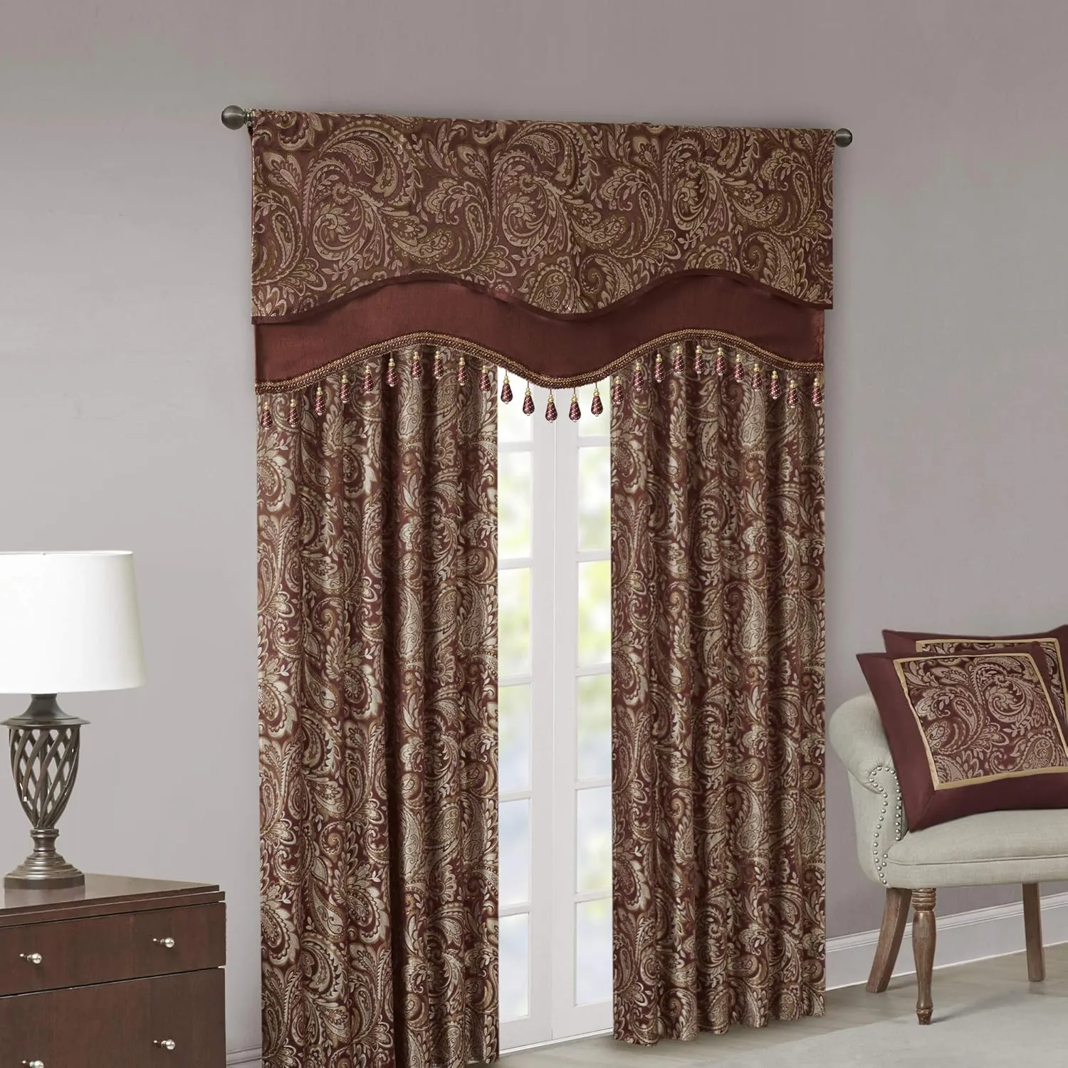 Madison Park Faux Silk Paisley Jacquard, Rod Pocket Curtain with Privacy Lining for Living Room, Kitchen, Bedroom and Dorm, 50 in x 18 in, Burgundy Bead Trim