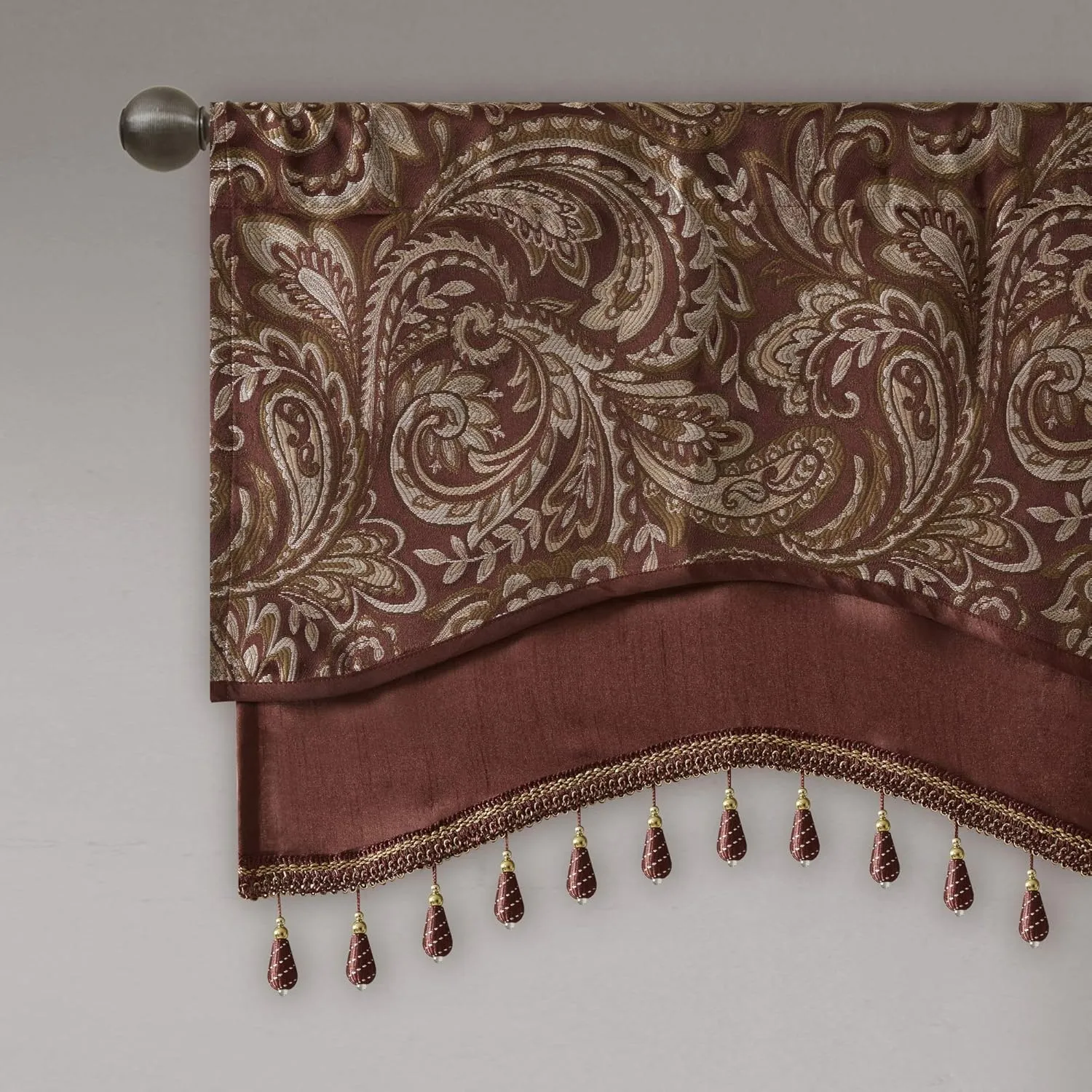 Madison Park Faux Silk Paisley Jacquard, Rod Pocket Curtain with Privacy Lining for Living Room, Kitchen, Bedroom and Dorm, 50 in x 18 in, Burgundy Bead Trim