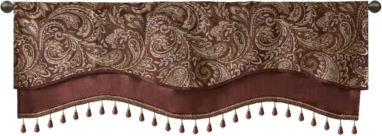 Madison Park Faux Silk Paisley Jacquard, Rod Pocket Curtain with Privacy Lining for Living Room, Kitchen, Bedroom and Dorm, 50 in x 18 in, Burgundy Bead Trim