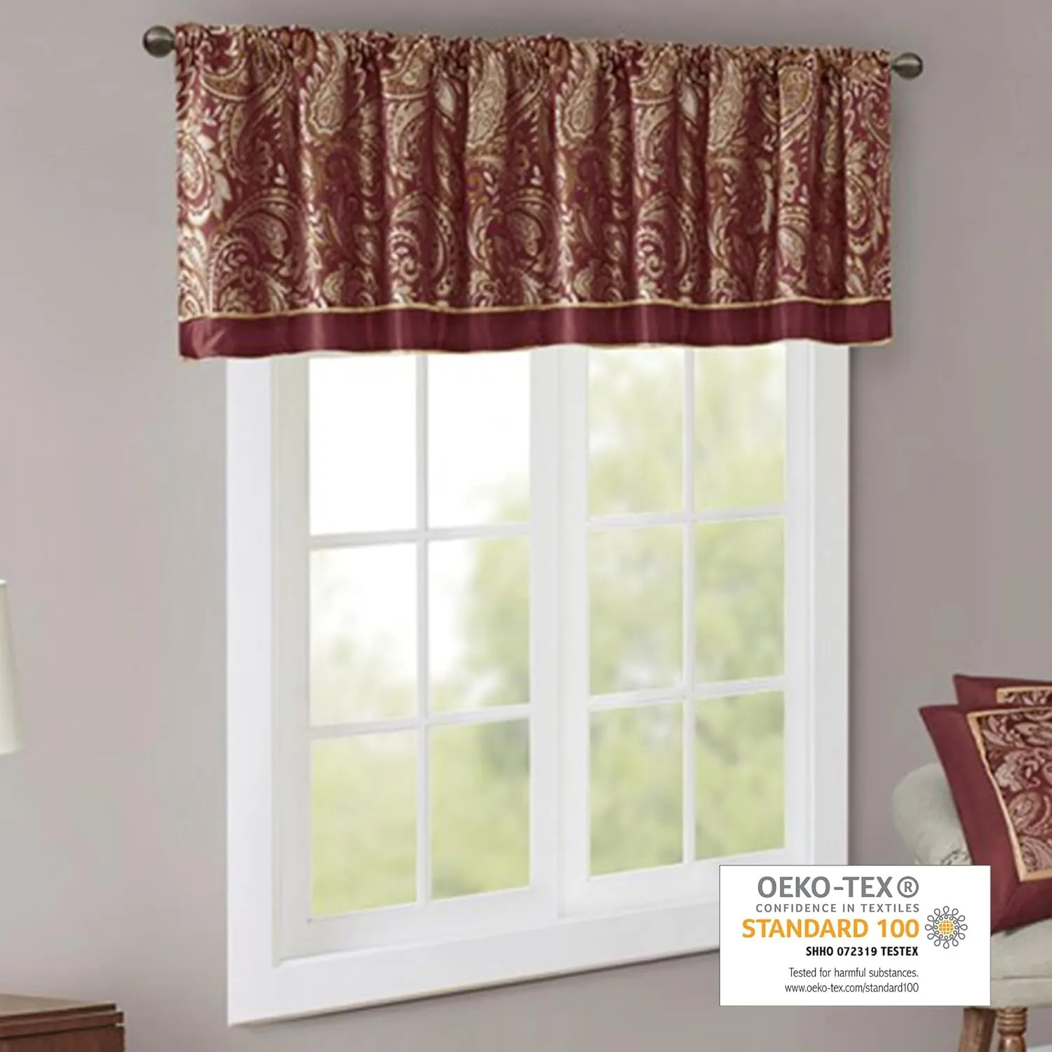 Madison Park Faux Silk Paisley Jacquard, Rod Pocket Curtain with Privacy Lining for Living Room, Kitchen, Bedroom and Dorm, 50 in x 18 in, Burgundy Bead Trim